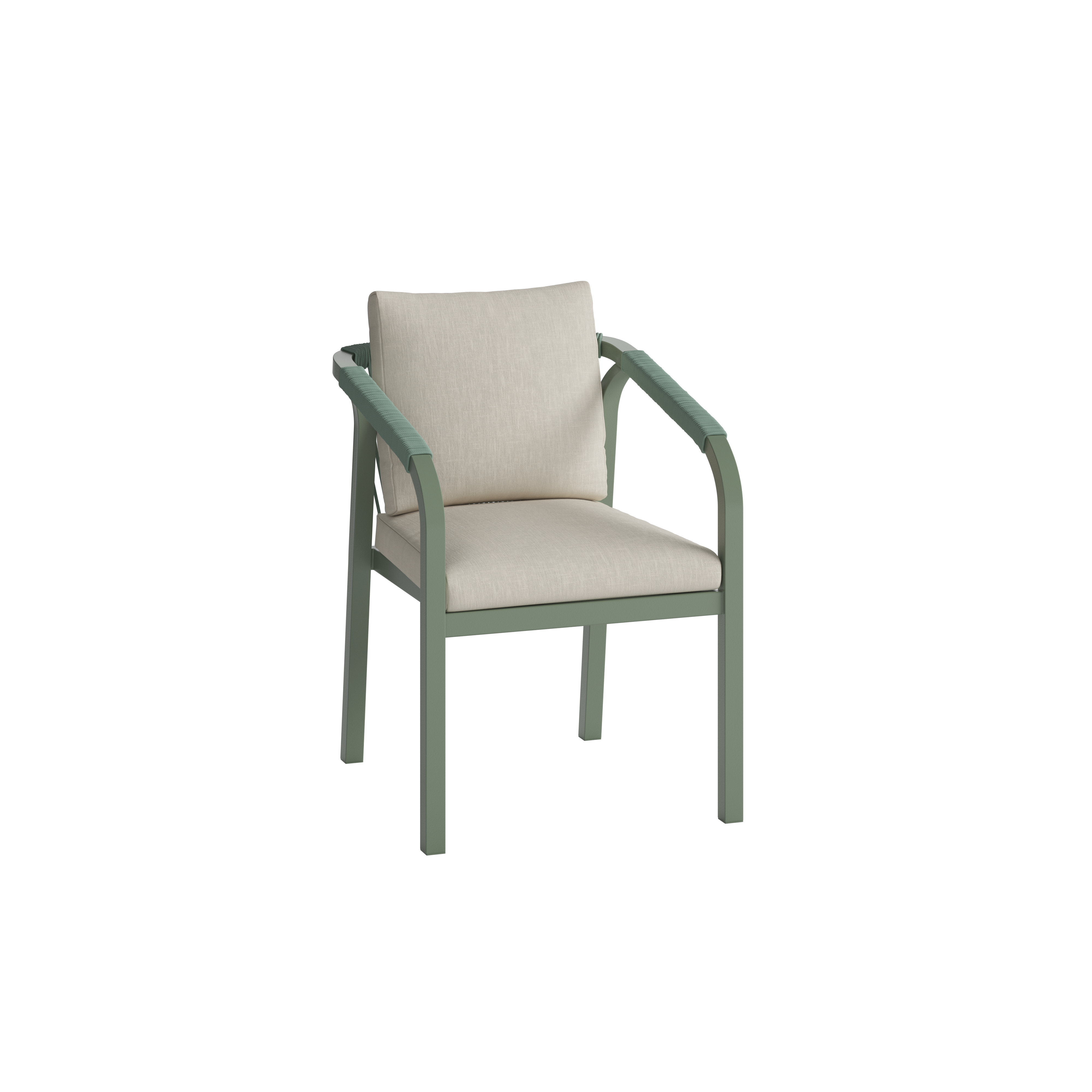 Green chair with beige cushion and olive green aluminium frame
