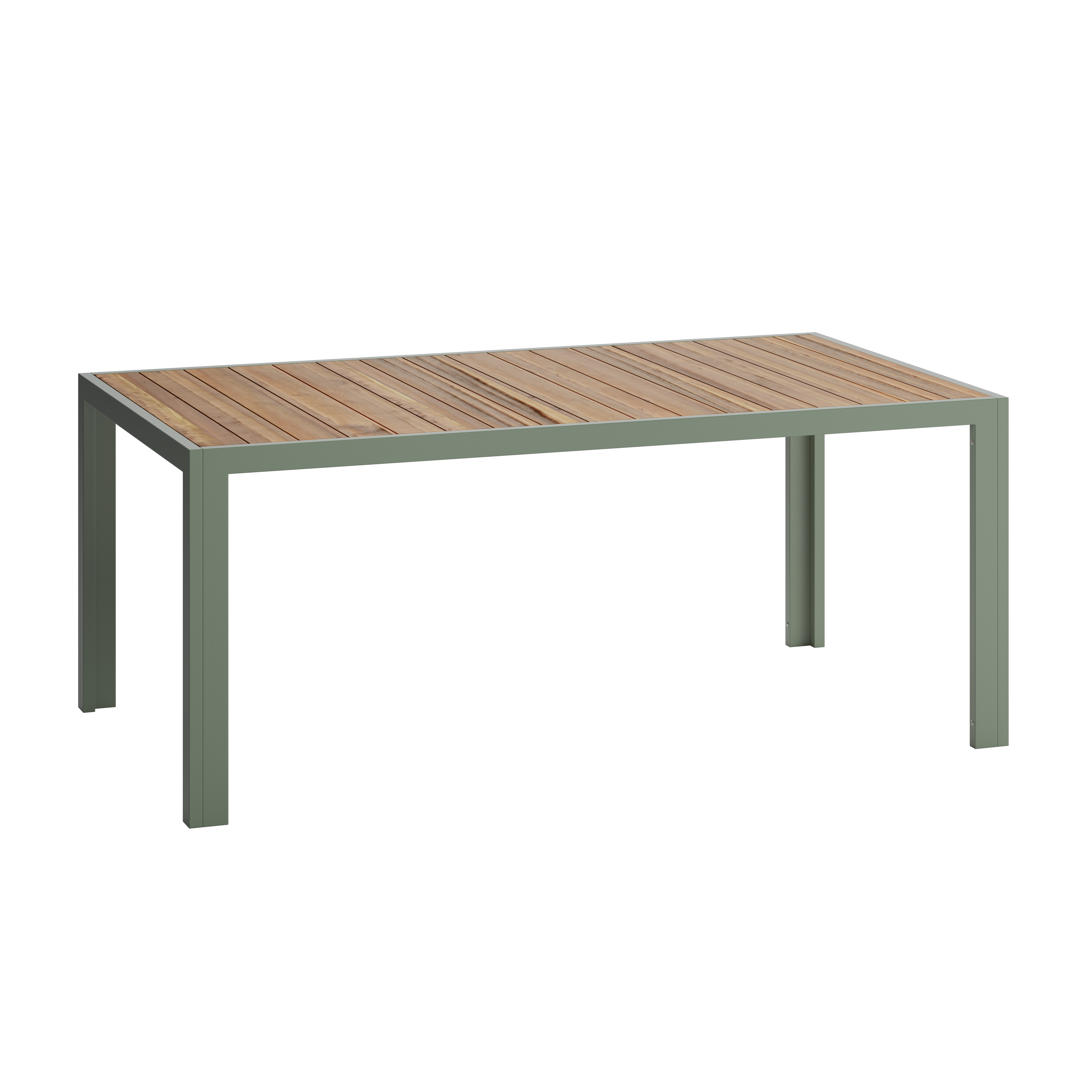 Rectangular table with timber top and green metal frame
