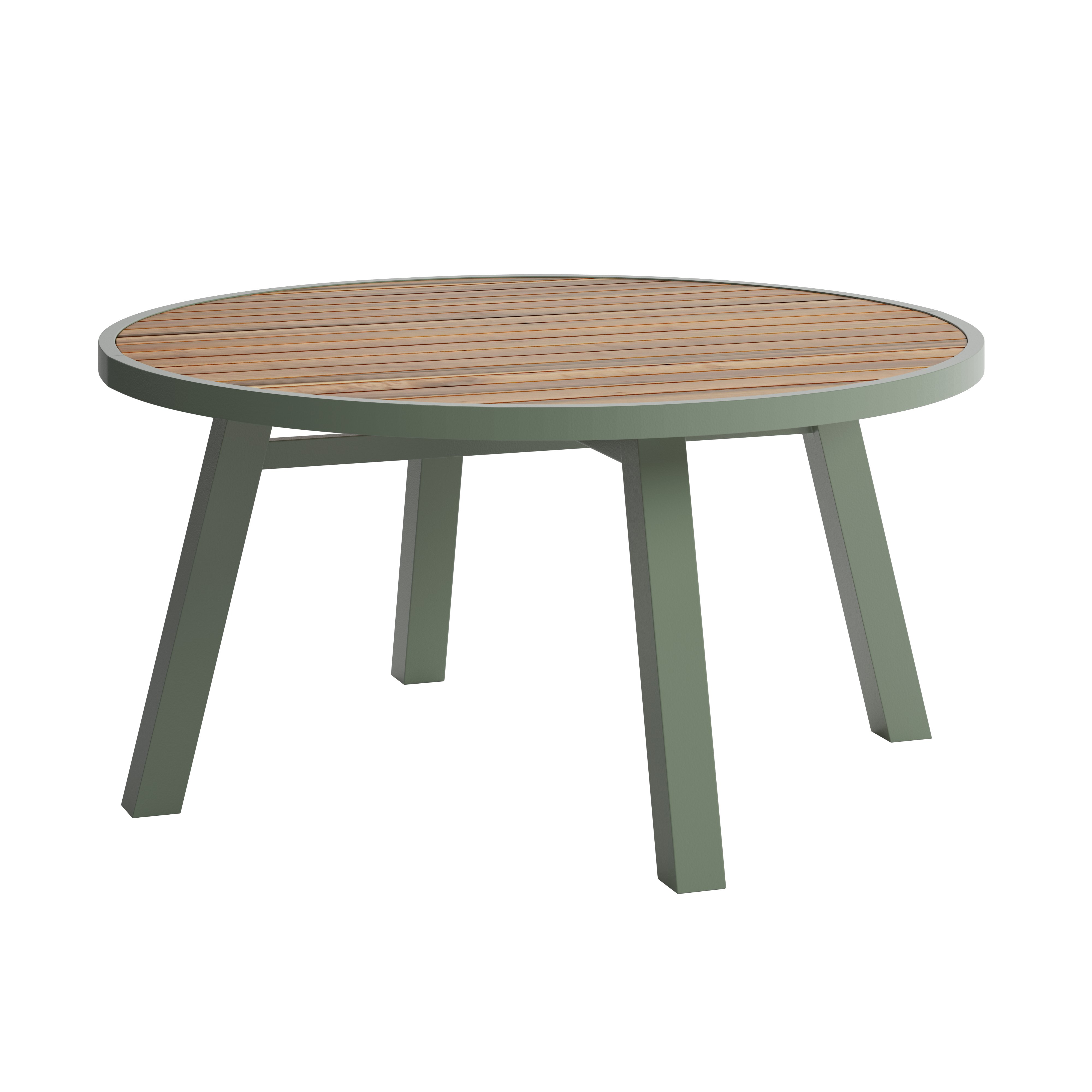 Round table with timber top and green base on a white background