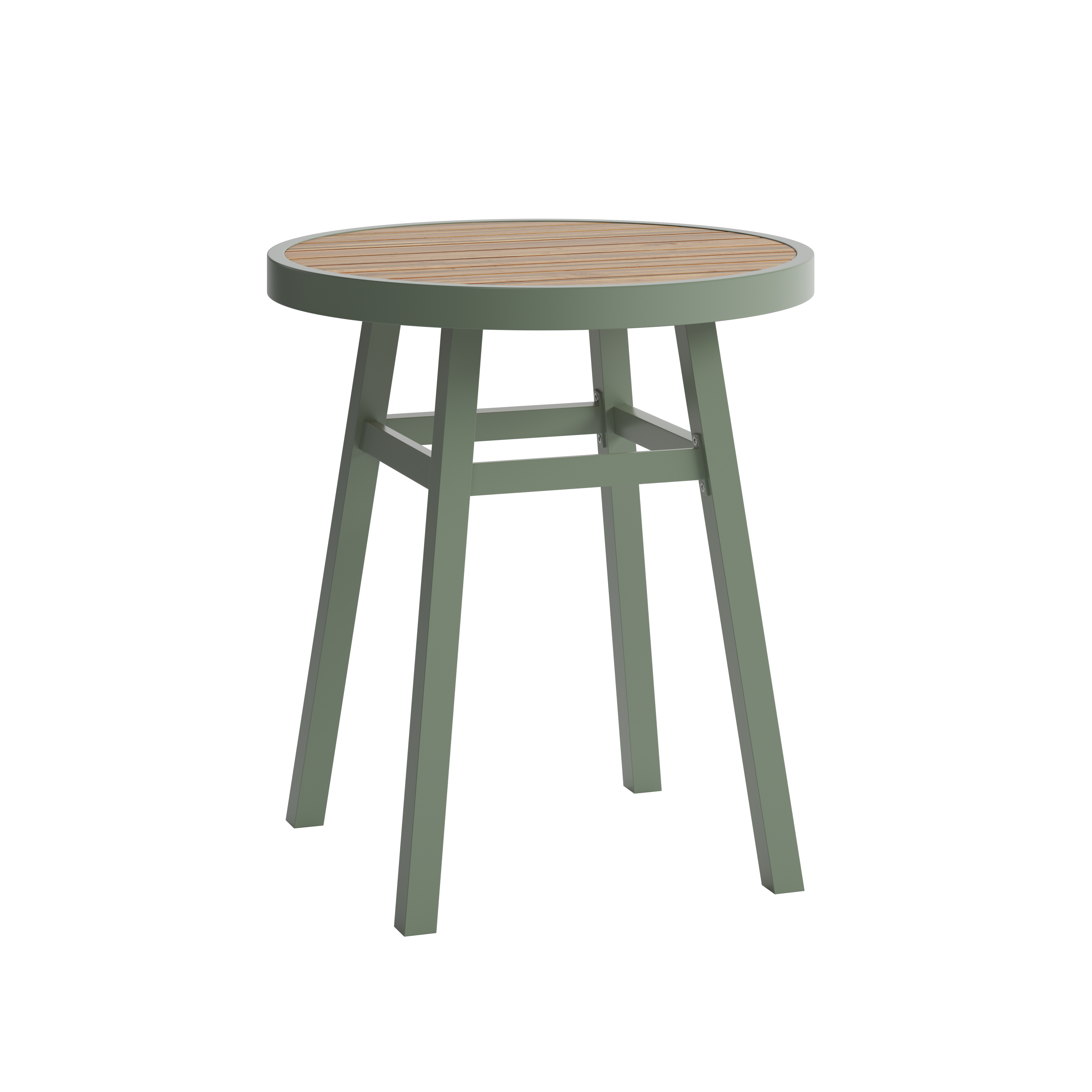 Round bistro table with green frame and timber top
