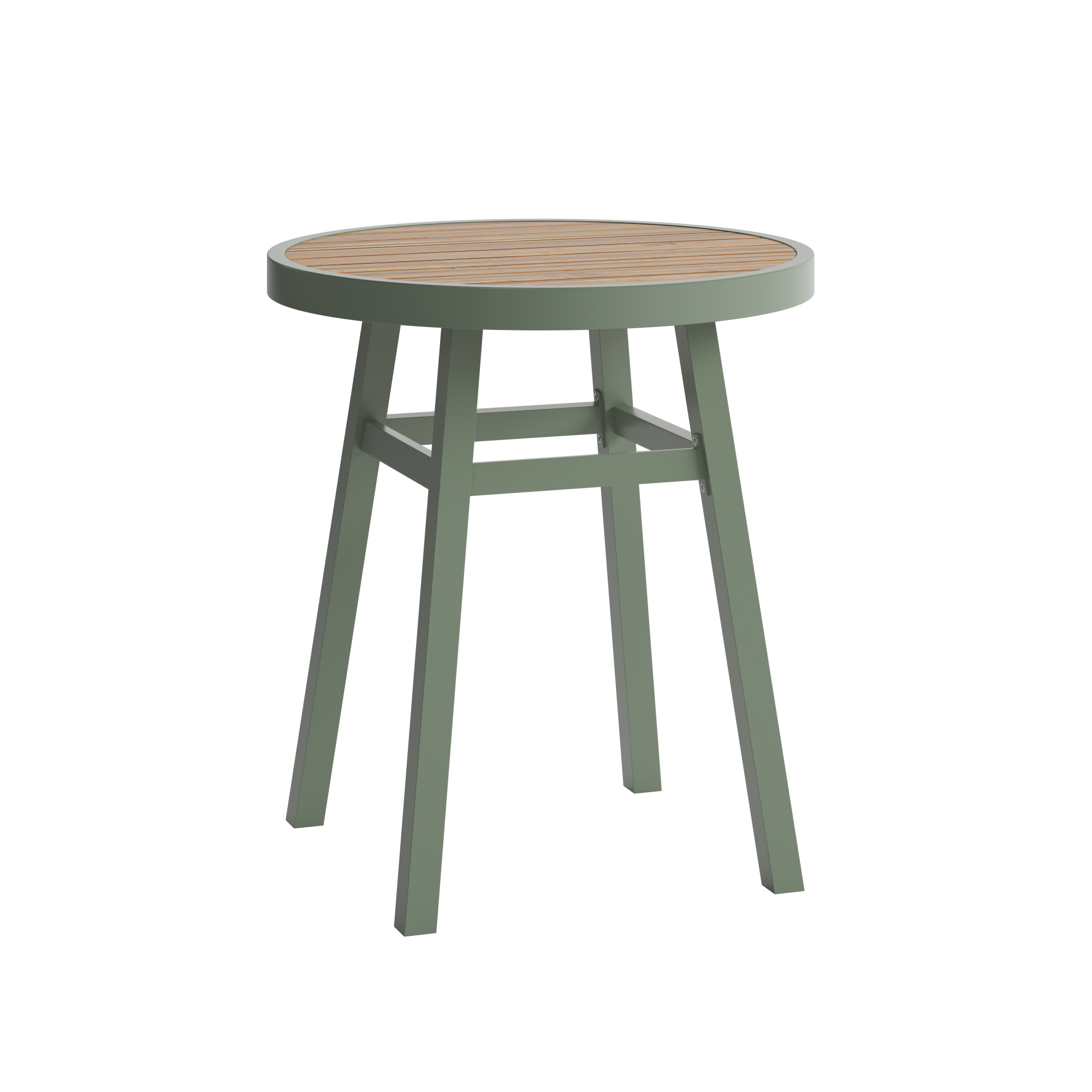 Round bistro table with green frame and timber top