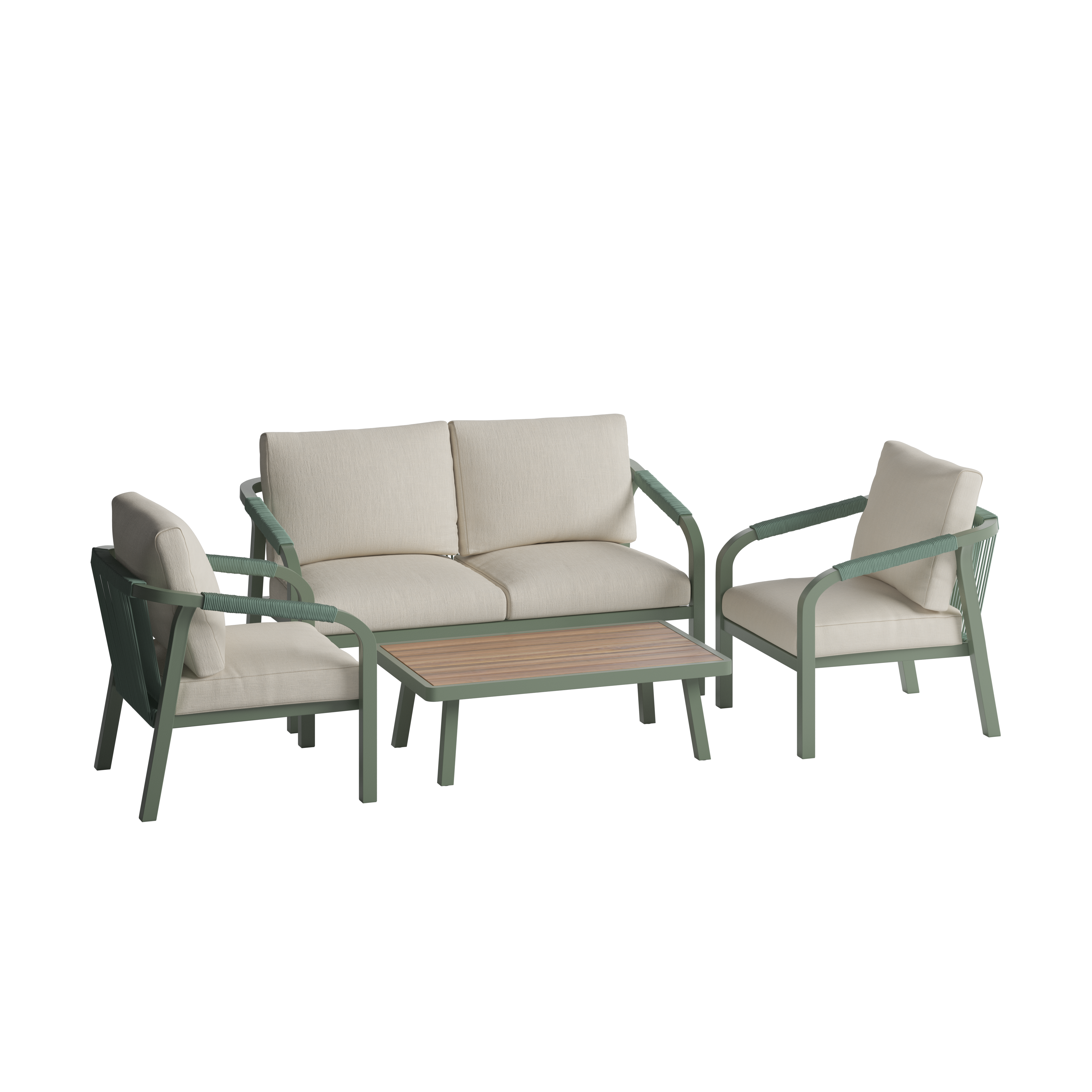 Outdoor furniture set with green frames and beige cushions on a white background