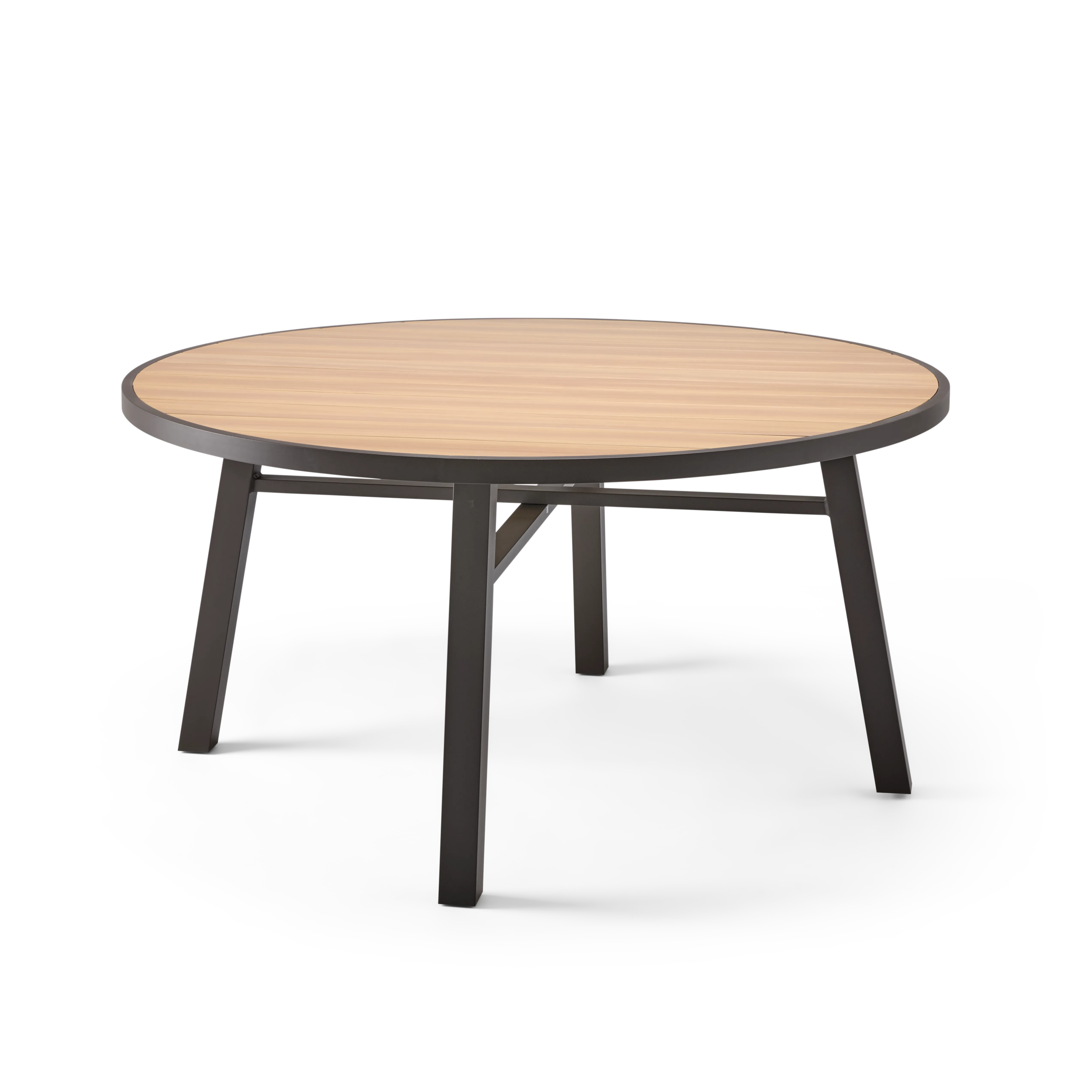 Round wood effect table with black metal legs