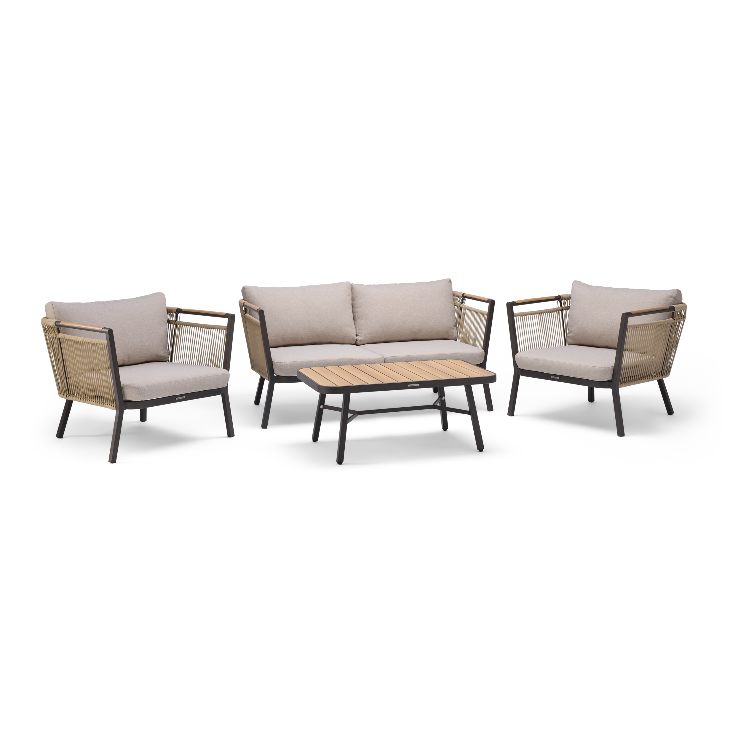 Outdoor furniture set with sofa, chairs, and table on a white background