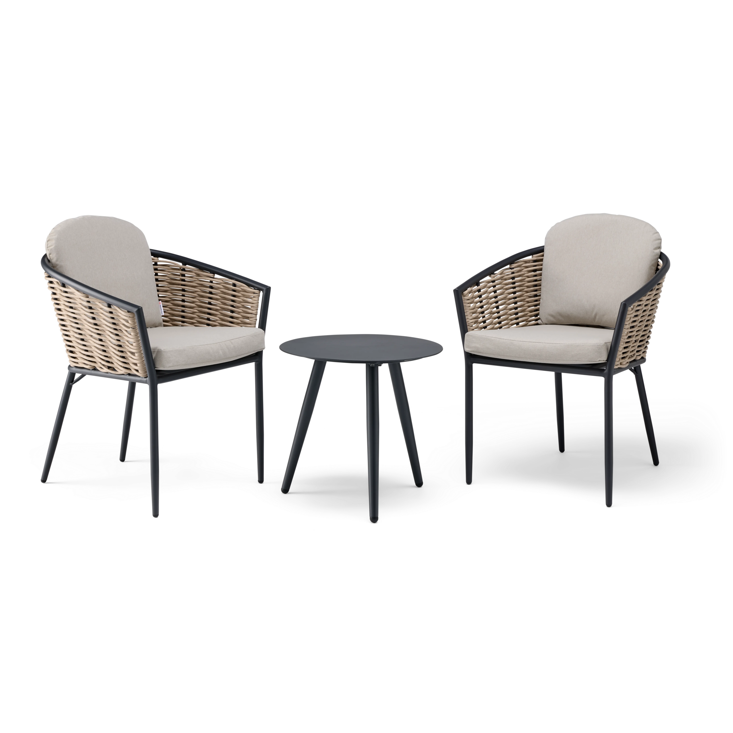 Two Rattan chairs with beige cushions and a small round table