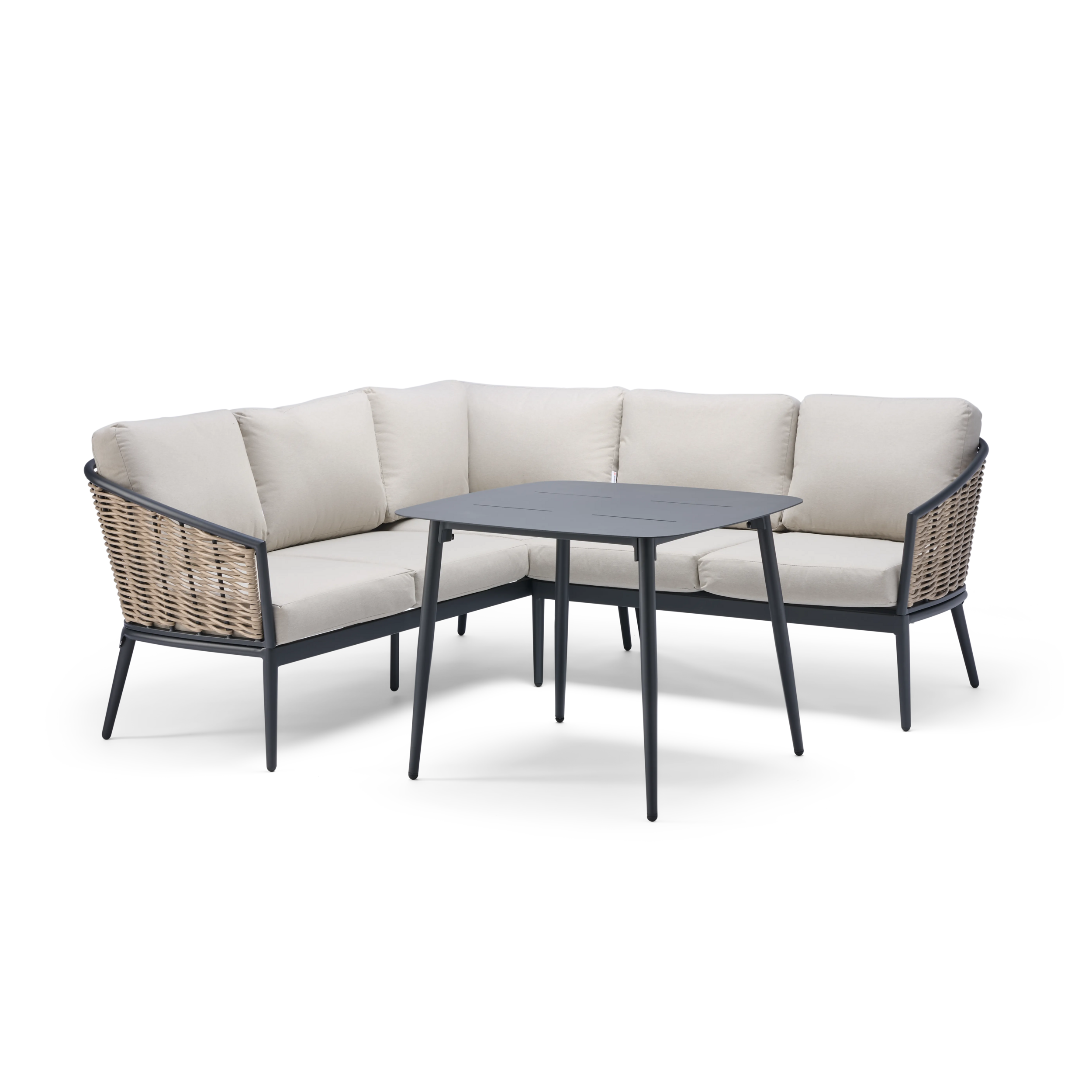 Outdoor furniture set with a sectional sofa and square table on a white background