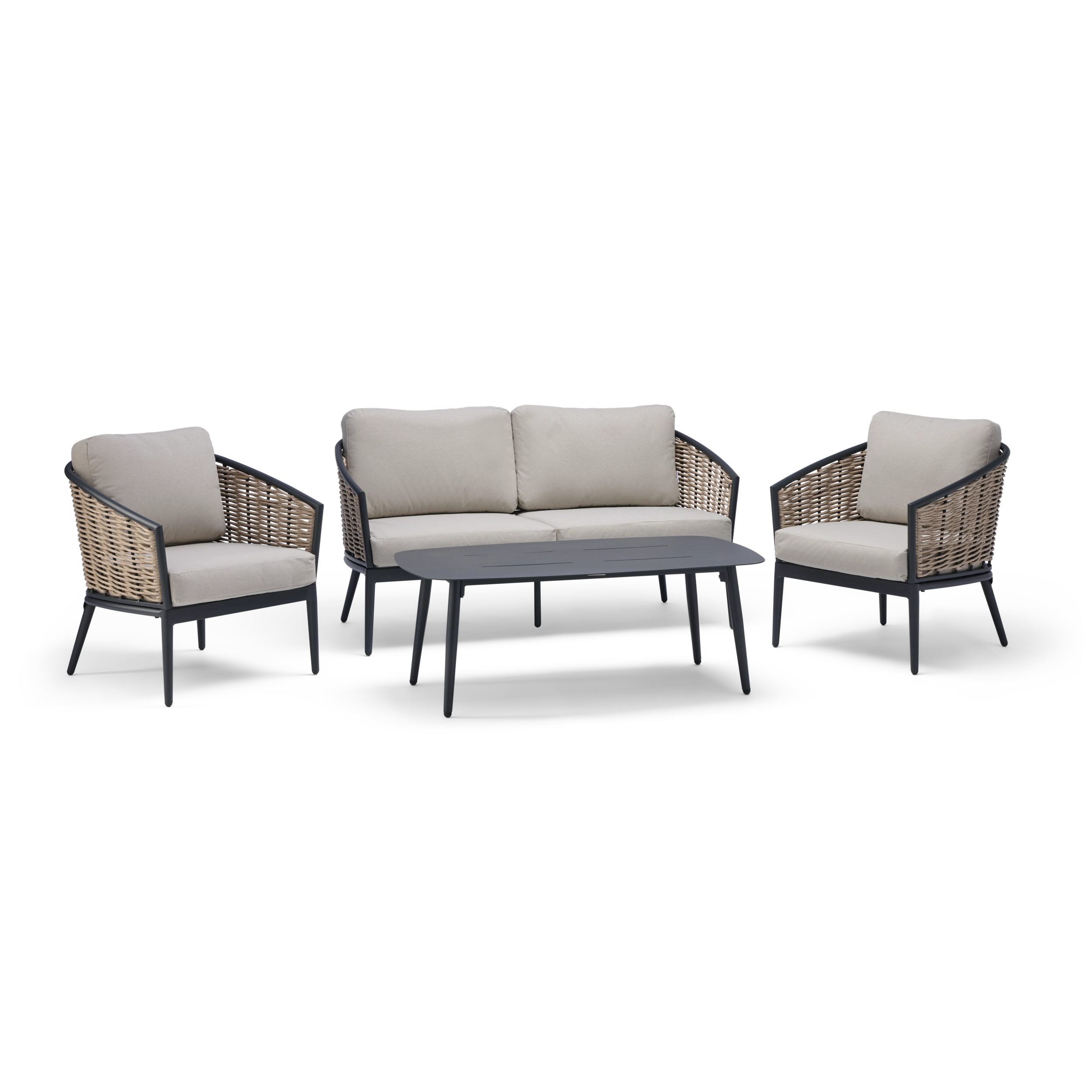 Outdoor furniture set with a sofa, two chairs, and a coffee table