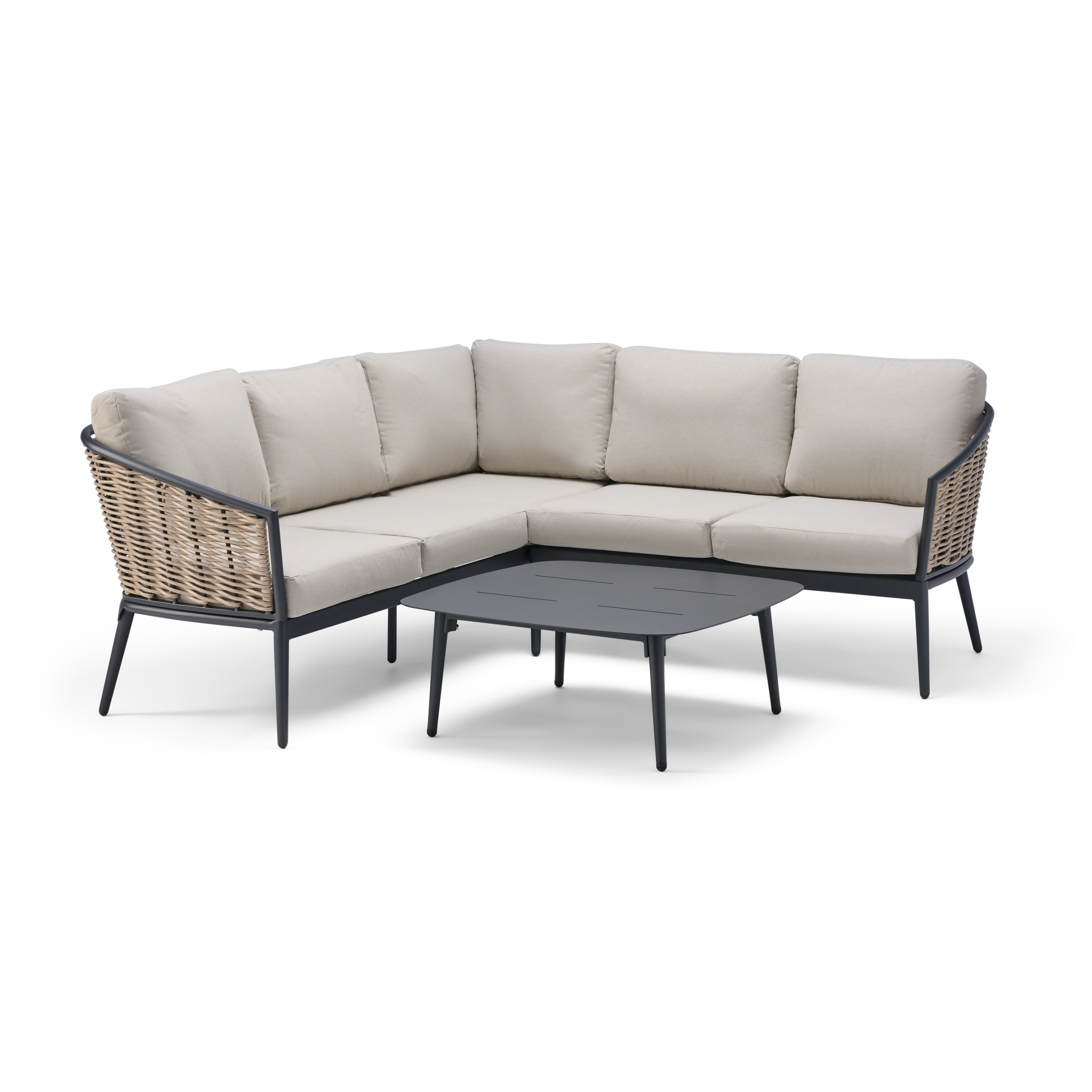 Sectional outdoor sofa with light grey cushions and a small coffee table