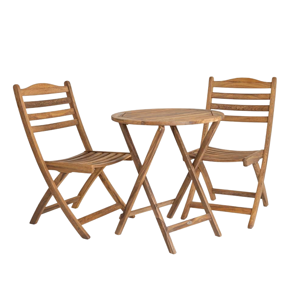 Wooden outdoor table and chairs set on a white background