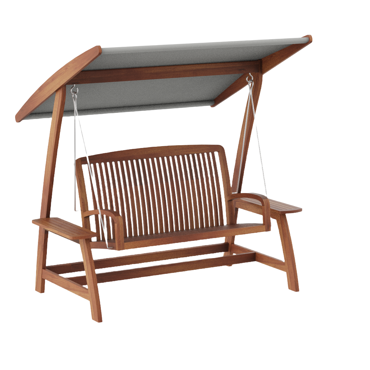 Wooden swing bench with canopy on a white background