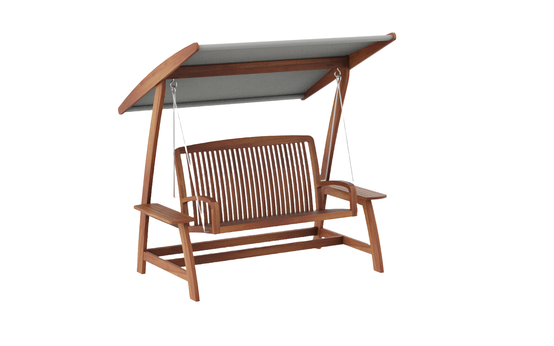 Wooden swing bench with canopy on a white background