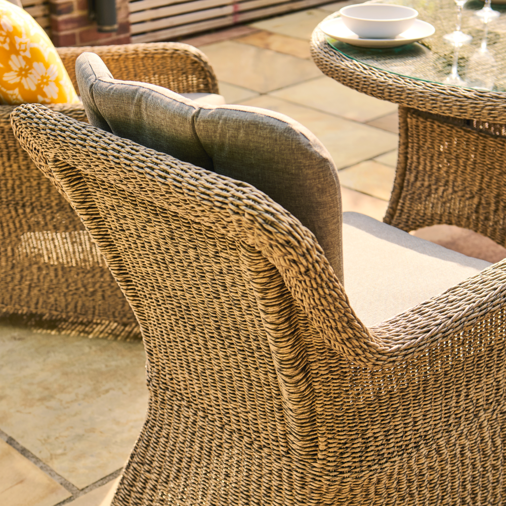 Close-up of woven outdoor furniture on a patio