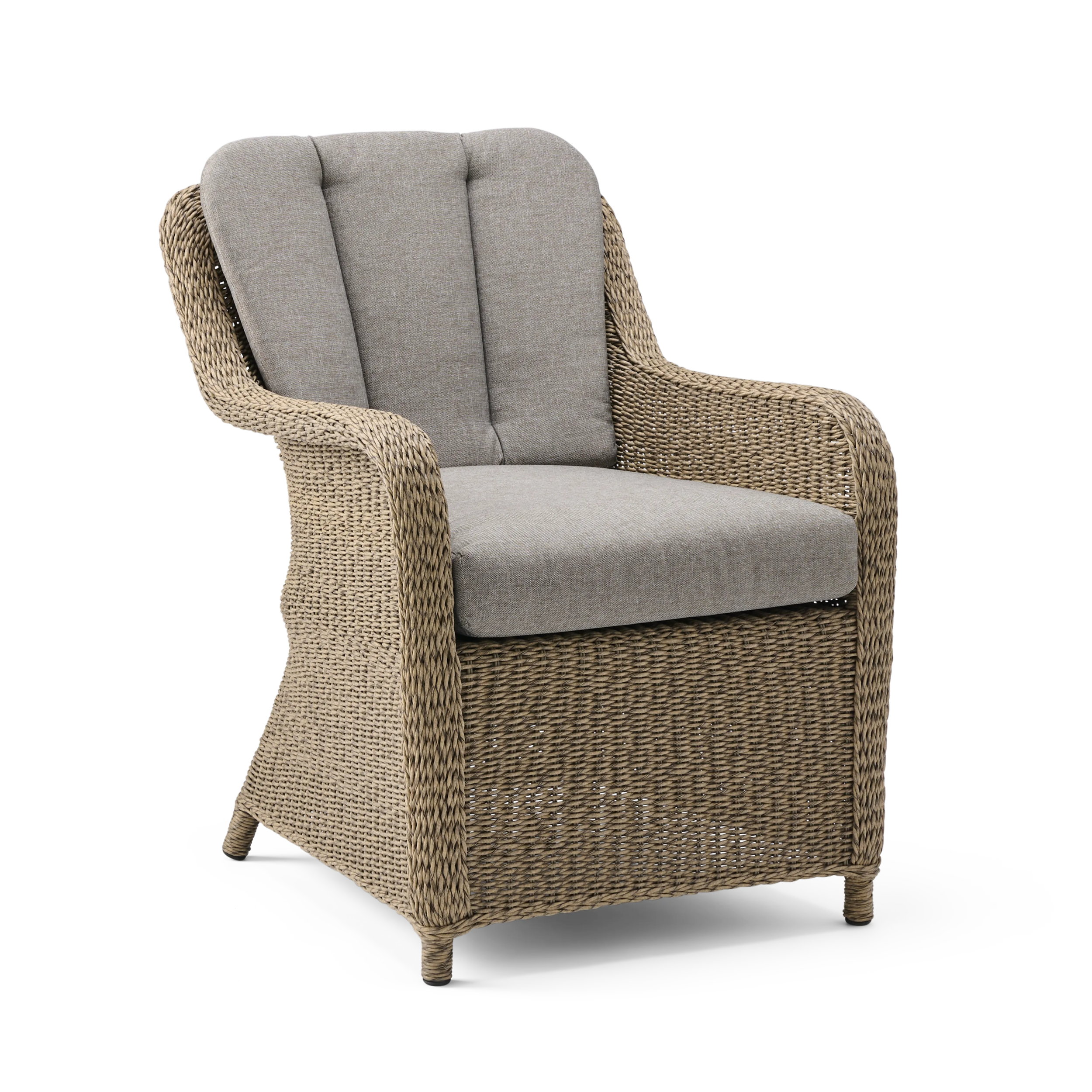 Wicker armchair with gray cushion on a white background