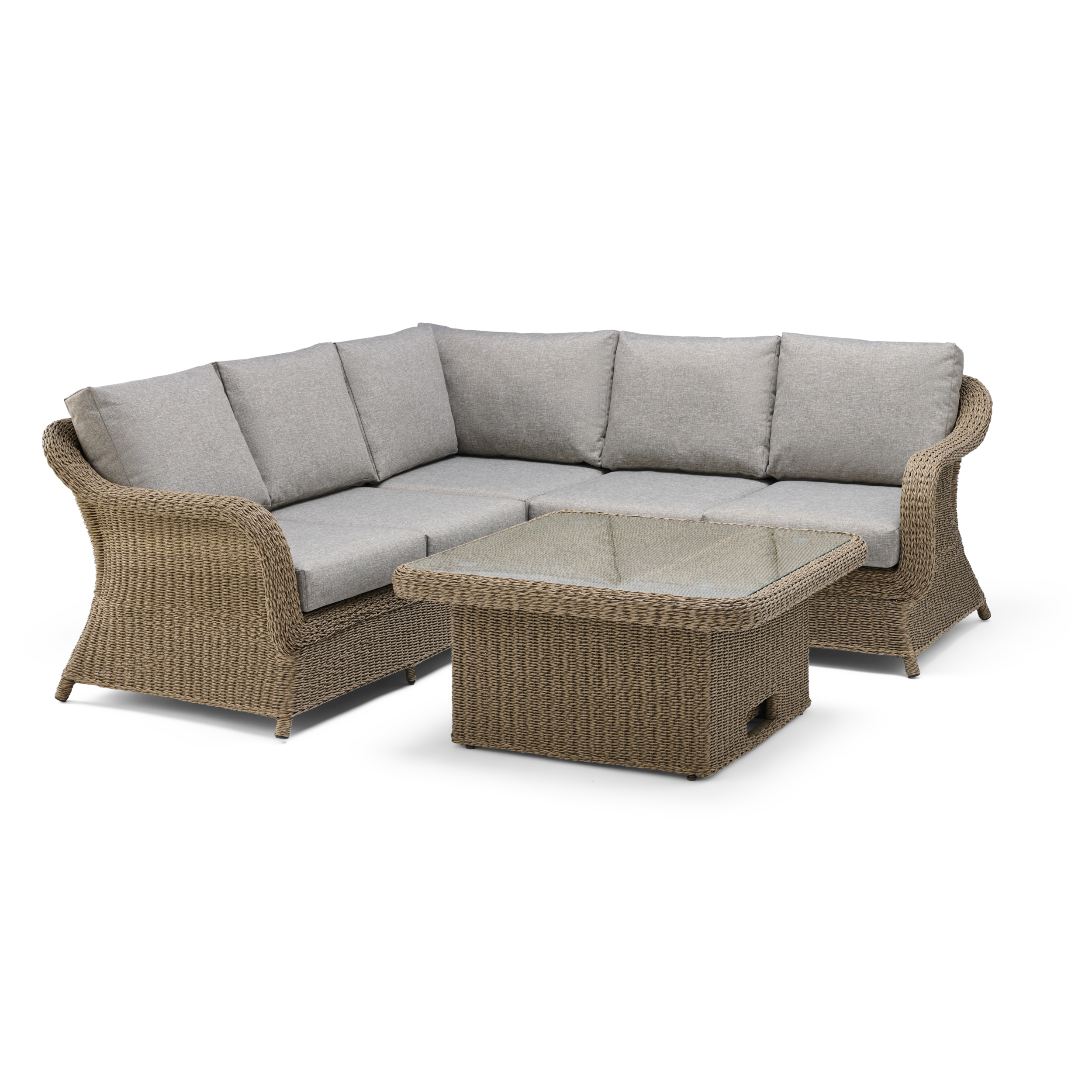 Wicker sectional sofa with gray cushions and a matching coffee table on a white background