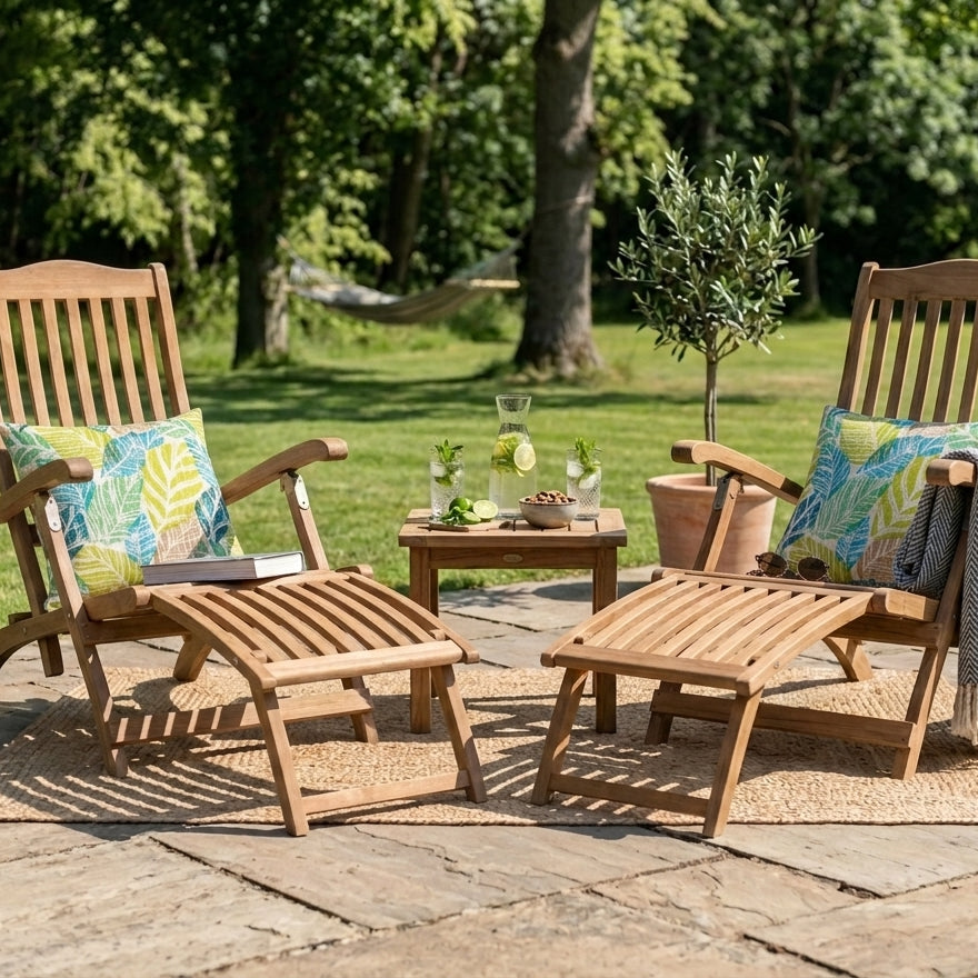 Two wooden lounge chairs with cushions on a patio area with a small table and plants.