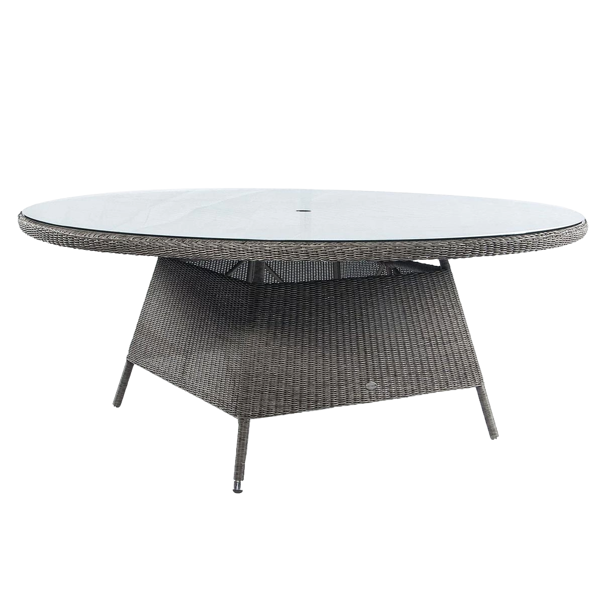 Round outdoor table with wicker frame and glass top on a white background