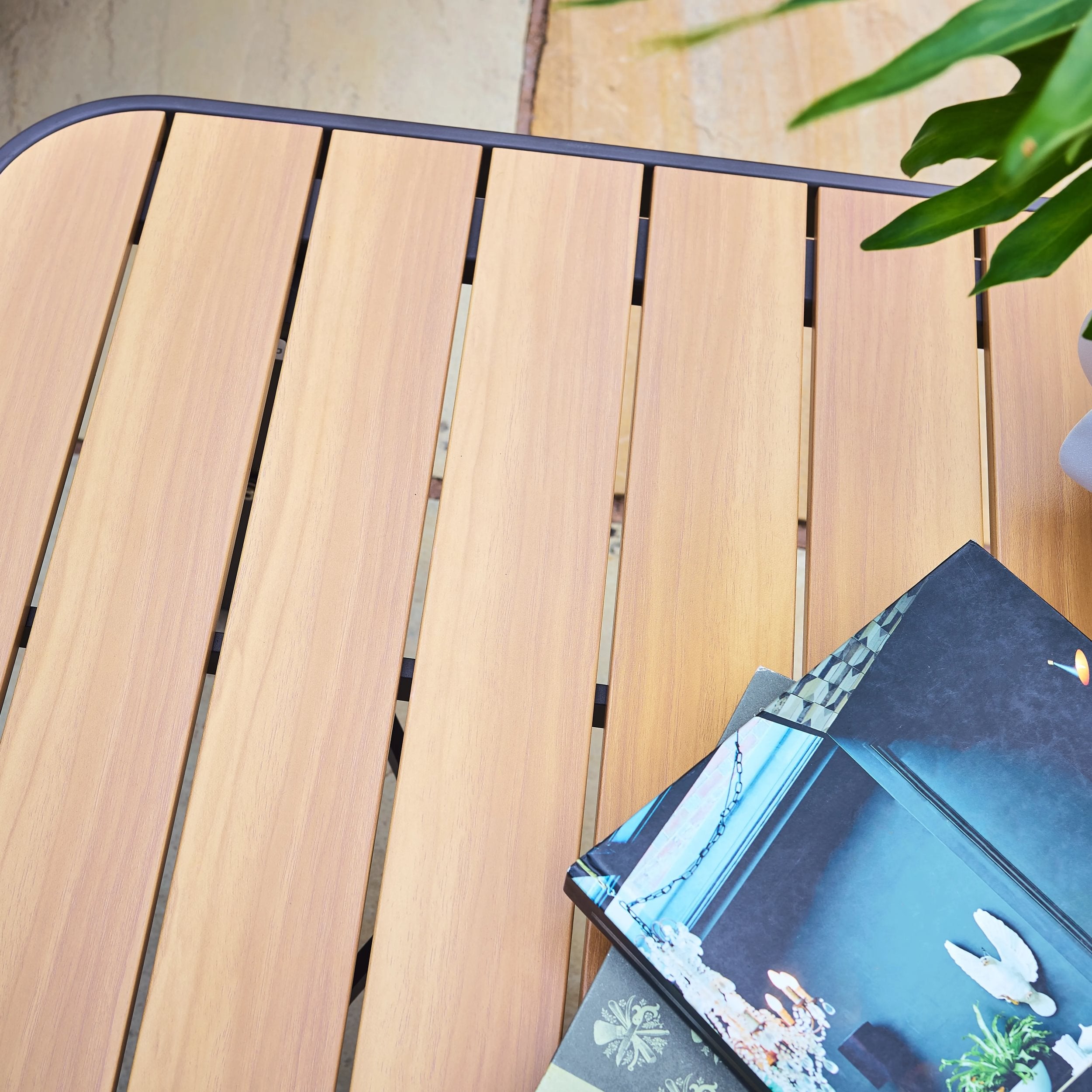 Table top with a stack of books and a plant in the background