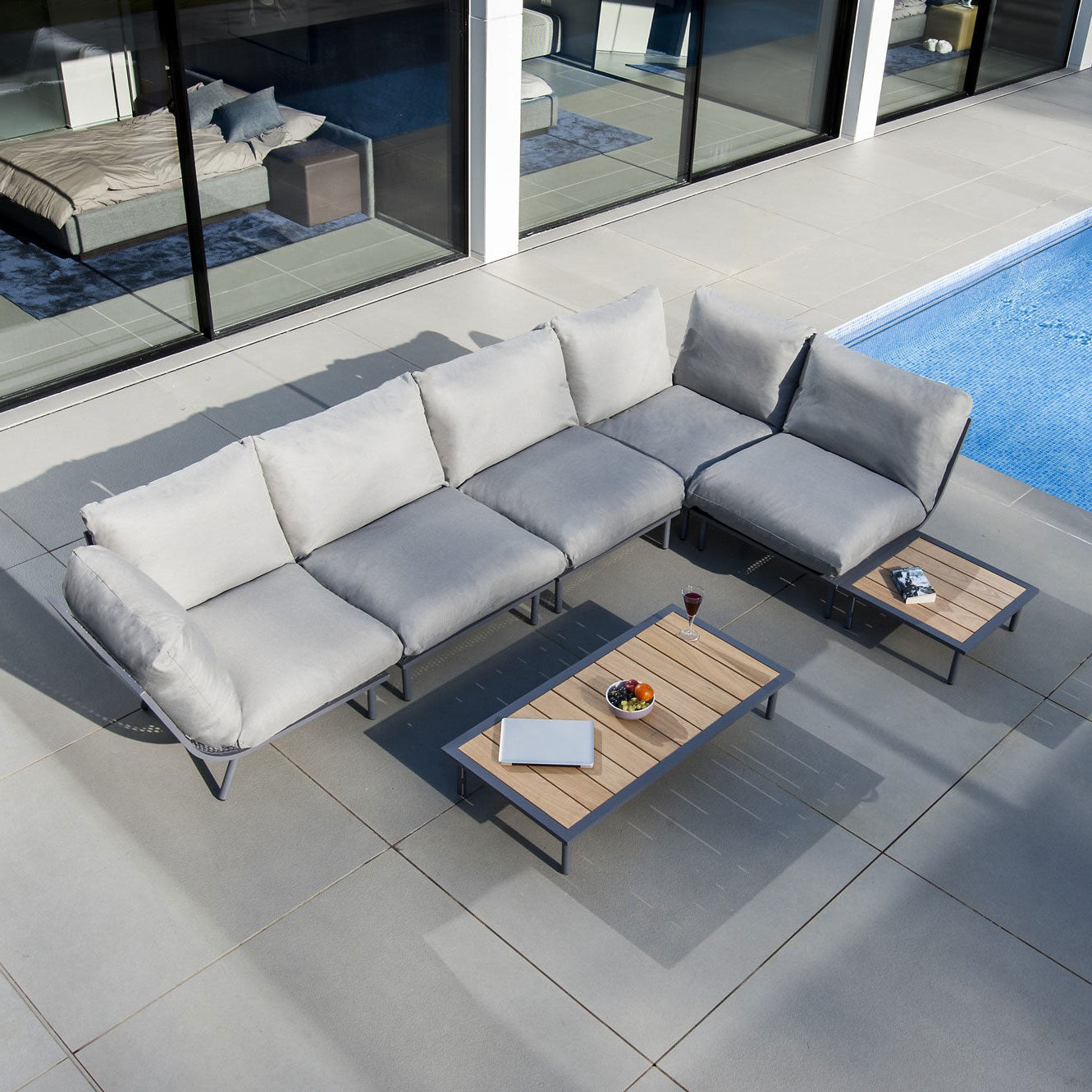 Beach family sofa set with coffee table and side table and grey cushions