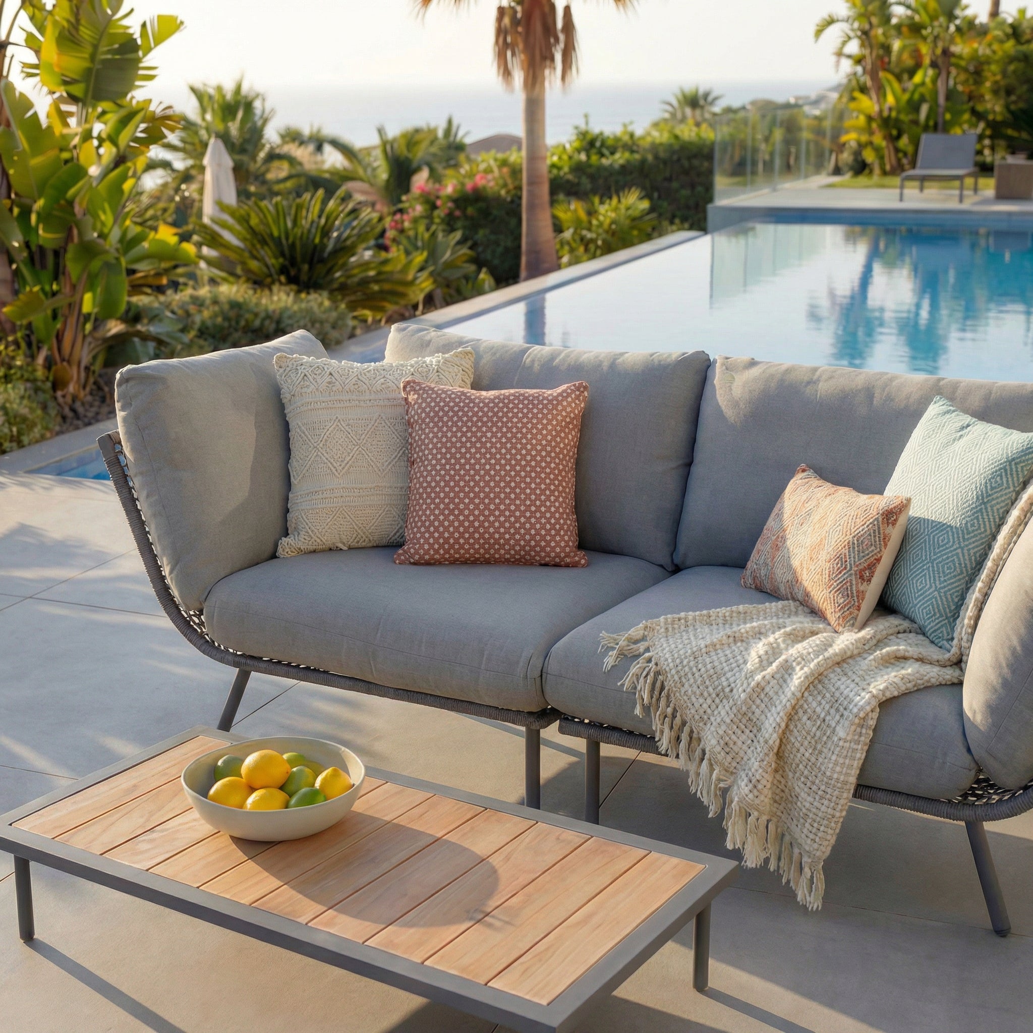 Outdoor patio setting with a gray sofa, wooden coffee table, and pool in the background.