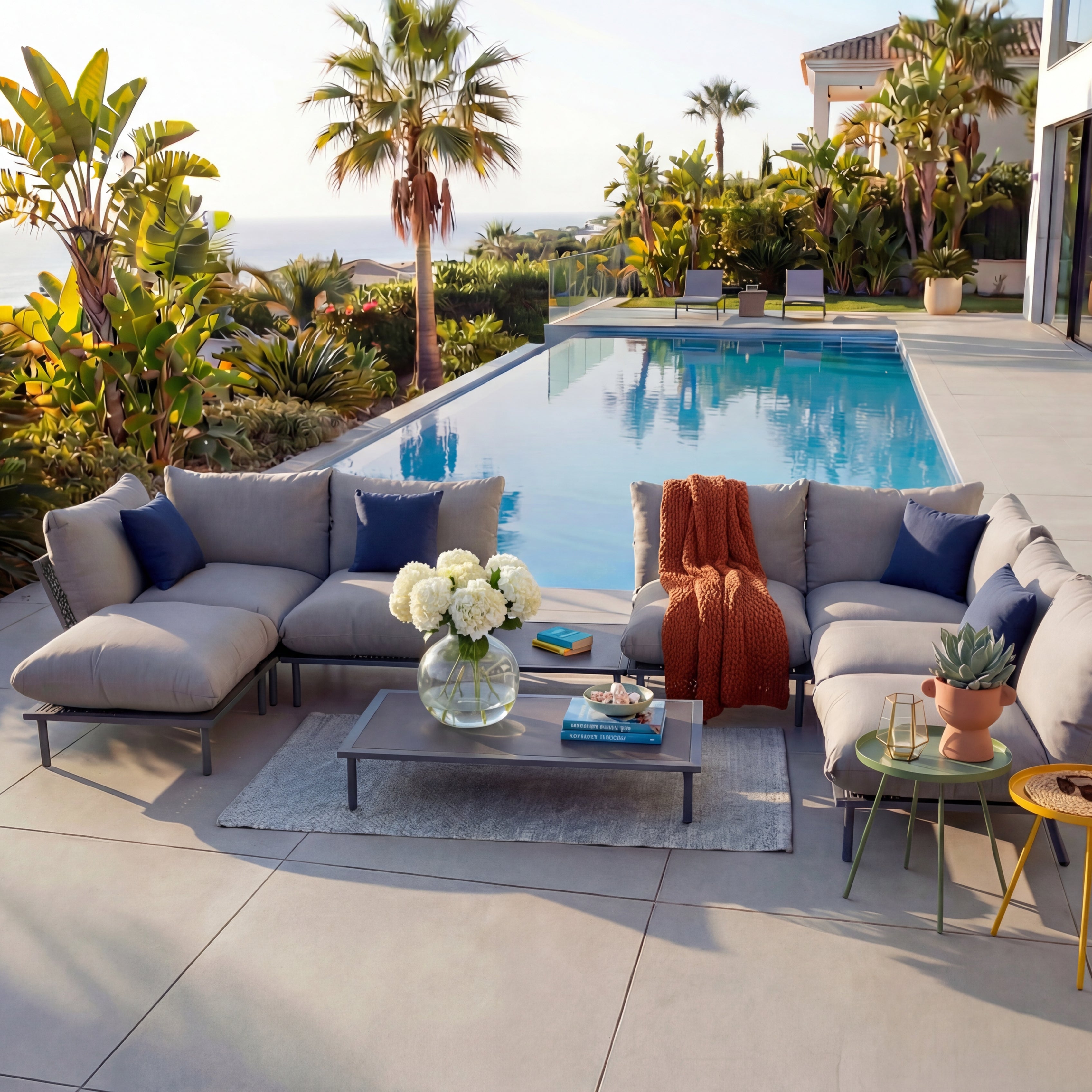 Outdoor patio with gray sectional sofa, coffee table, and decorative items near a pool.