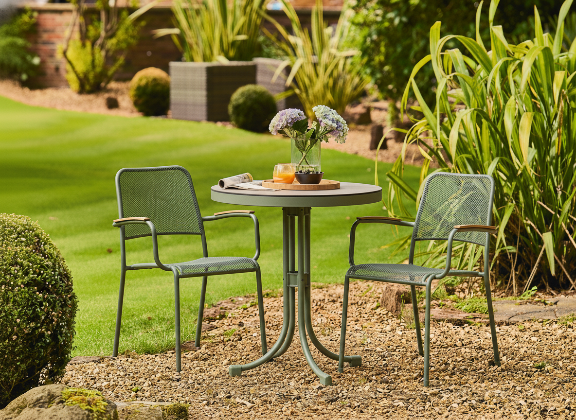 Small round Bergen bistro table by Alexander Rose with two green metal chairs with arms