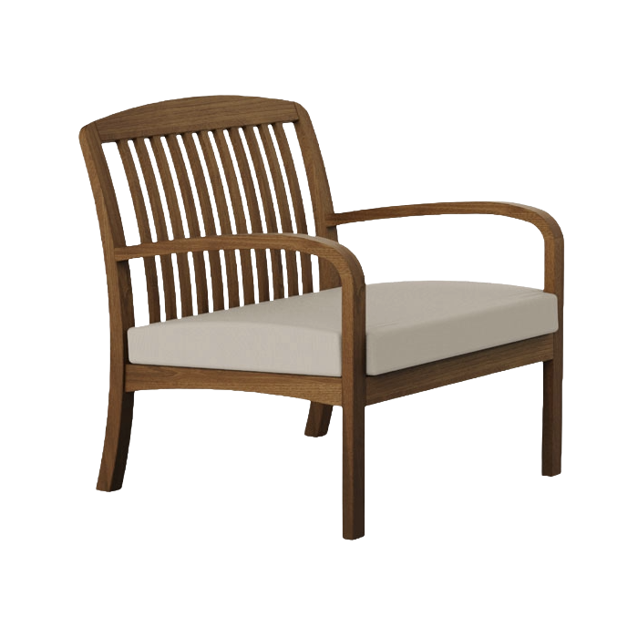Bolney low garden lounge chair beautifully styled with rounded arms, seat cushion and slatted back in acacia wood