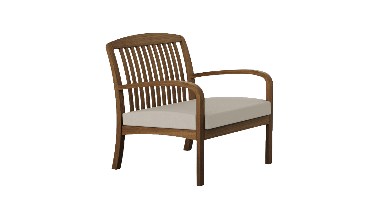 Bolney low garden lounge chair beautifully styled with rounded arms, seat cushion and slatted back in acacia wood