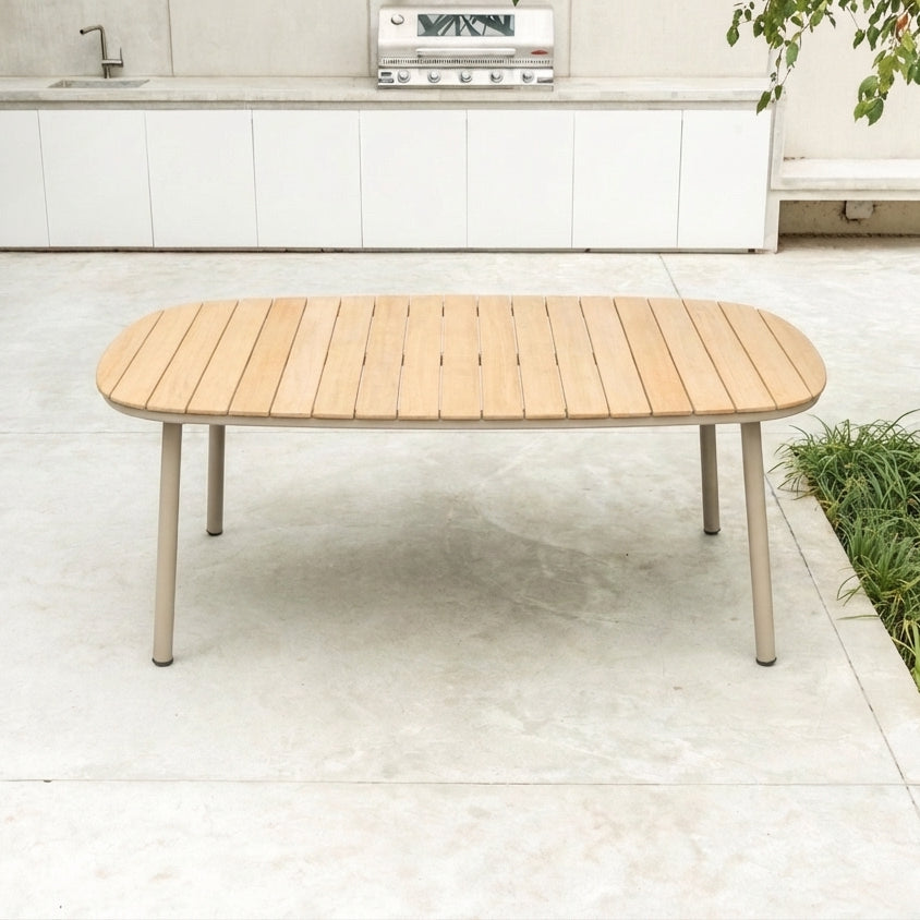 Cordial rectangular slatted wood top table with curved corners and 4 beige legs
