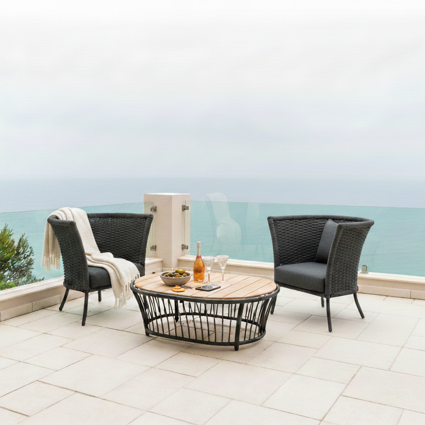 2 high back cordial dark grey chairs by Alexander Rose on a patio overlooking the sea