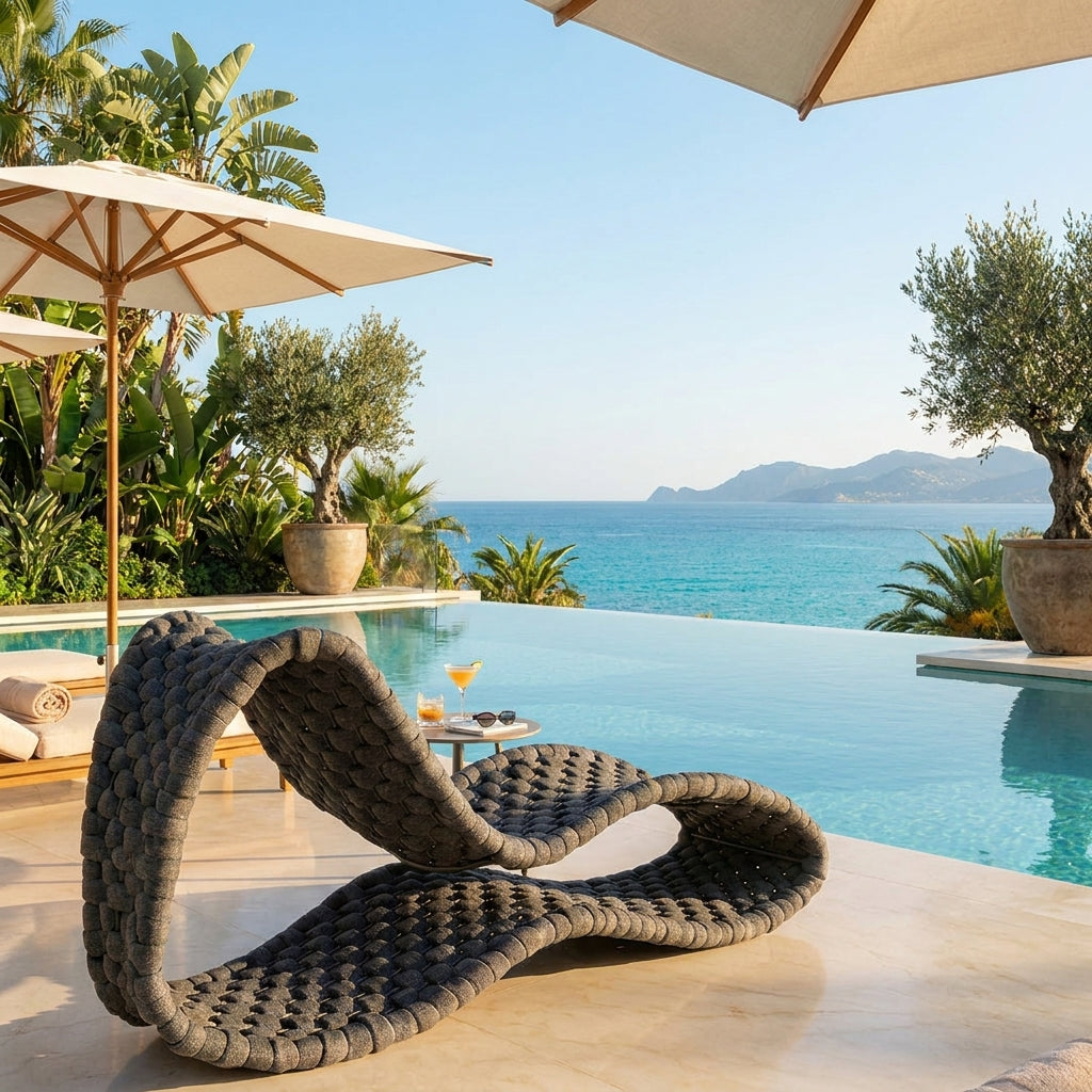 A modern wavy lounge chair made of rope dark gray rope sits beside an infinity pool overlooking a turquoise sea and distant mountains. Palm trees, potted olive trees, and cream patio umbrellas frame the scene.