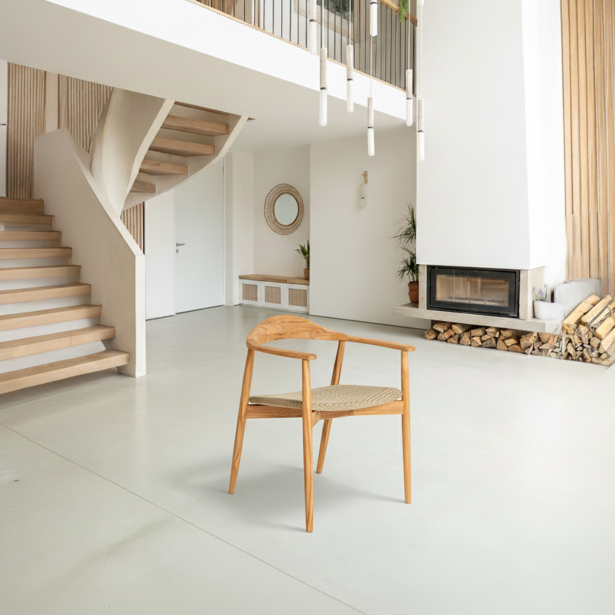 Modern interior with wooden chair, staircase, and fireplace.