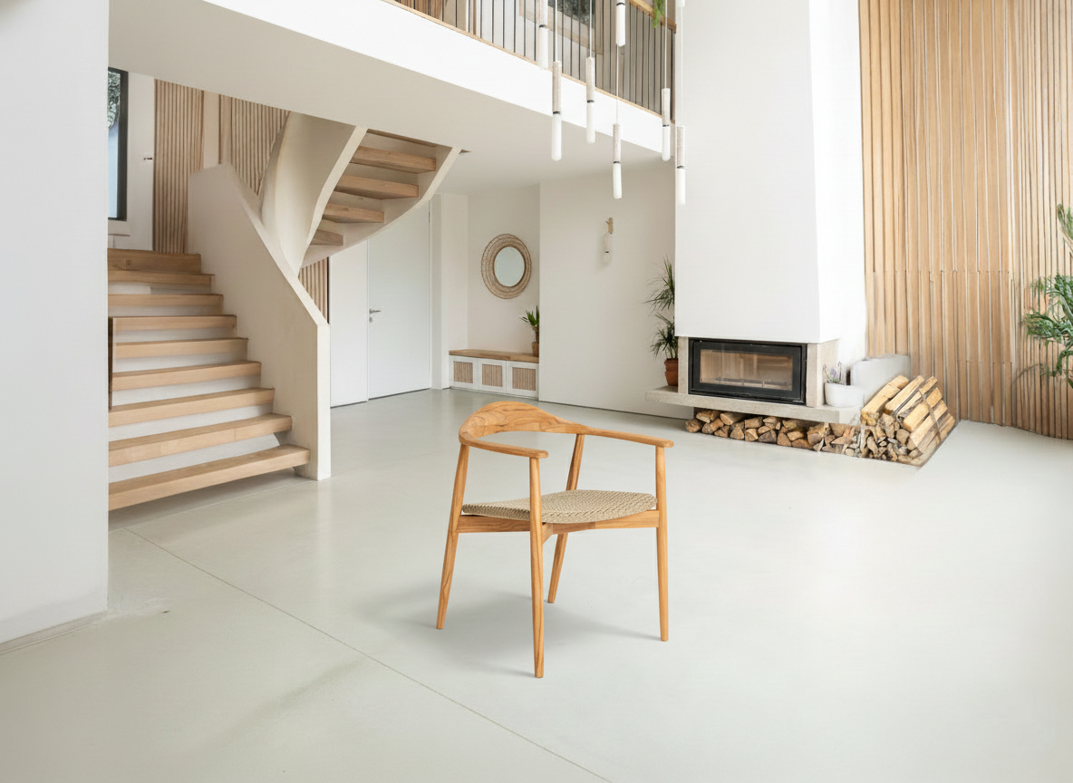 Modern interior with wooden chair, staircase, and fireplace.