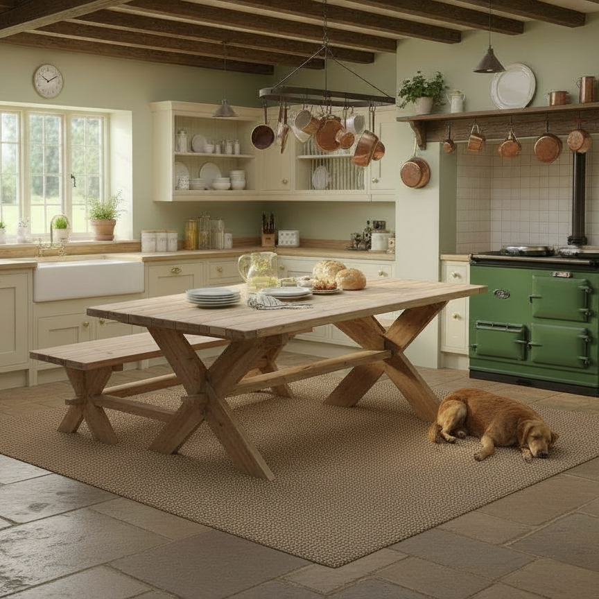 Cozy kitchen with wooden table, green Aga stove, and dog lying on the floor.