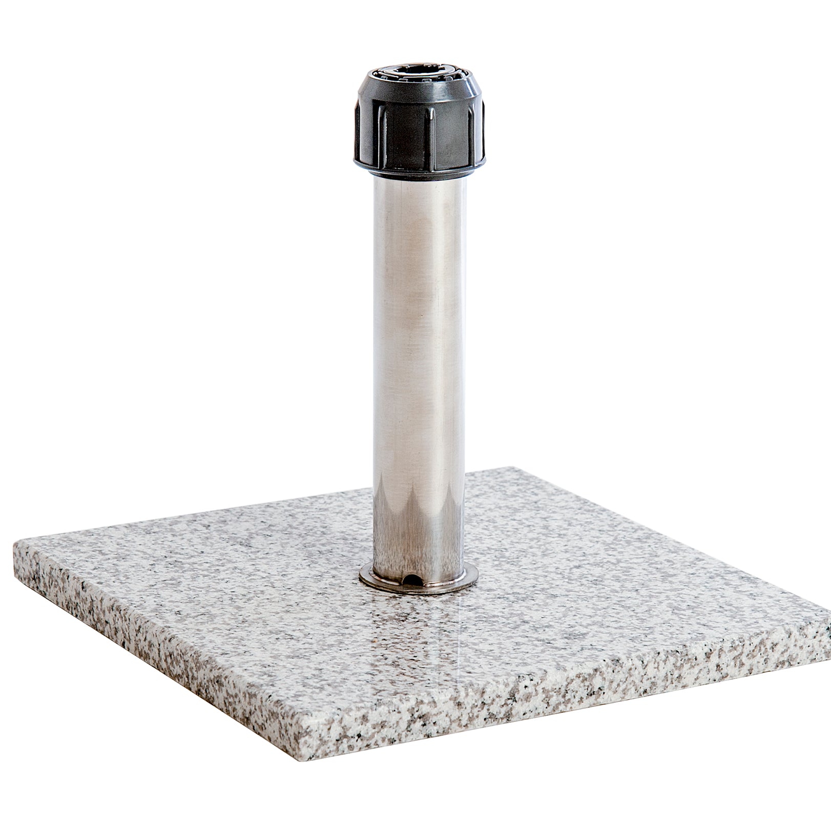 Square granite base with metal pedestal on a white background