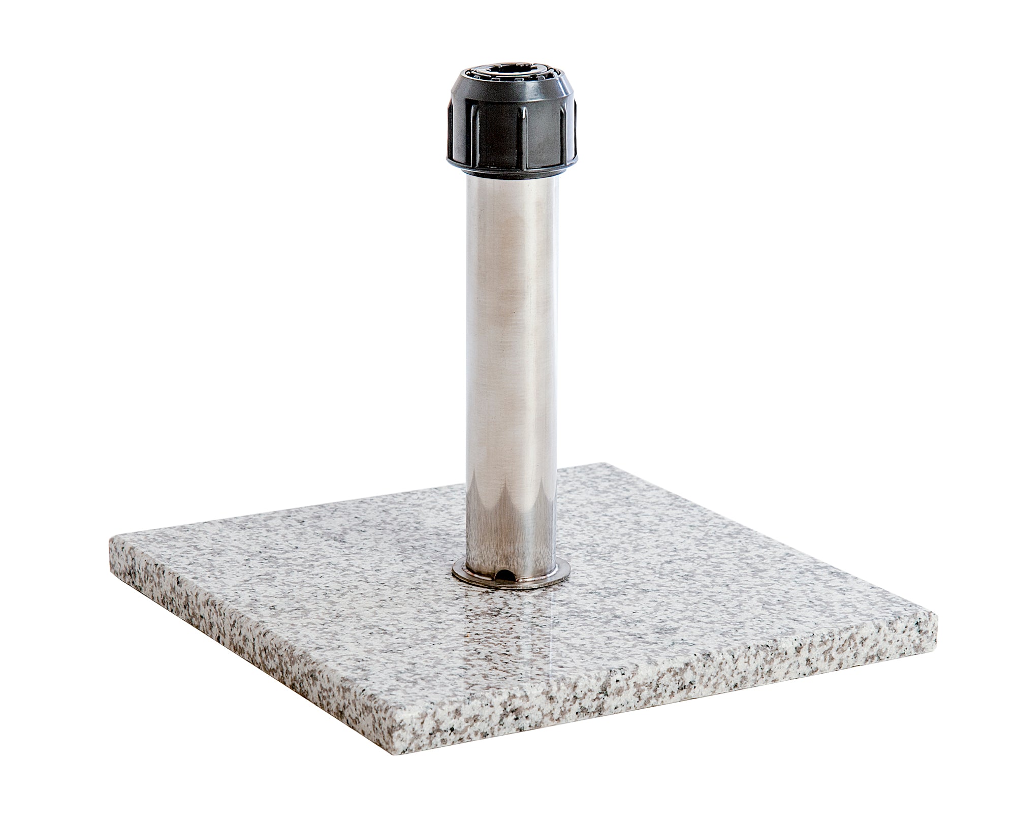 Square granite base with metal pedestal on a white background