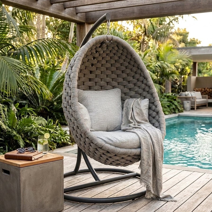Wicker chair with cushions on a wooden deck by a poolside