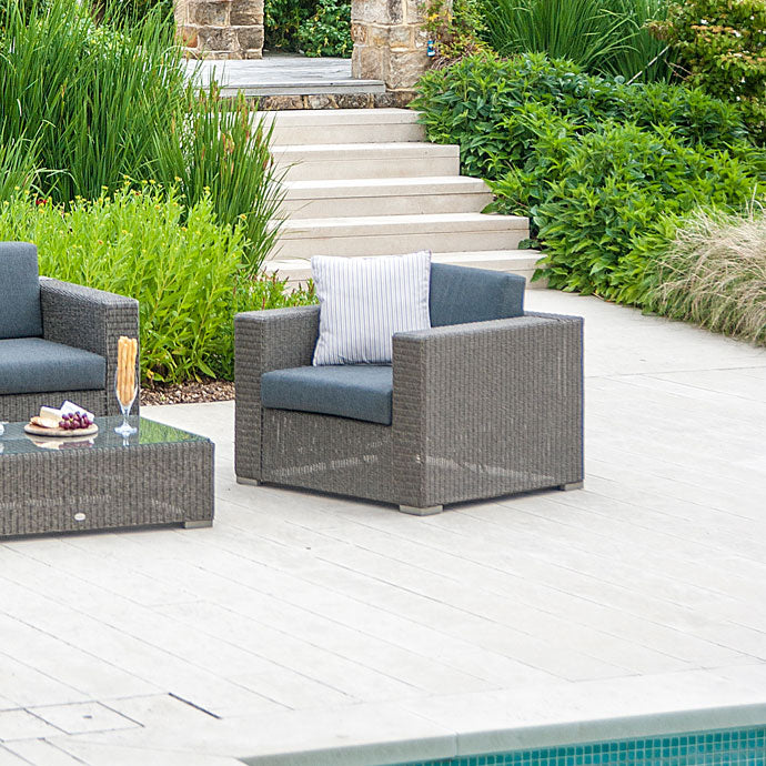 Alexander Rose Monte Carlo outdoor furniture set with square lines and grey cushions in a luxury weave