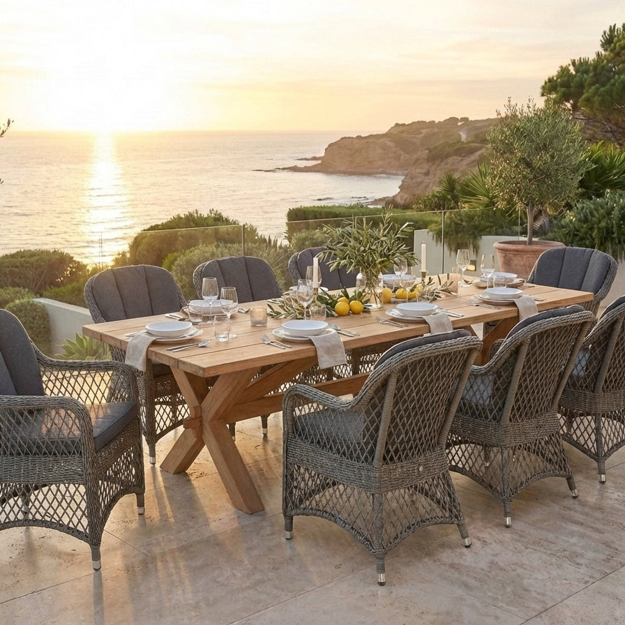 Outdoor dining setup with a wooden table and wicker chairs by the ocean during sunset.