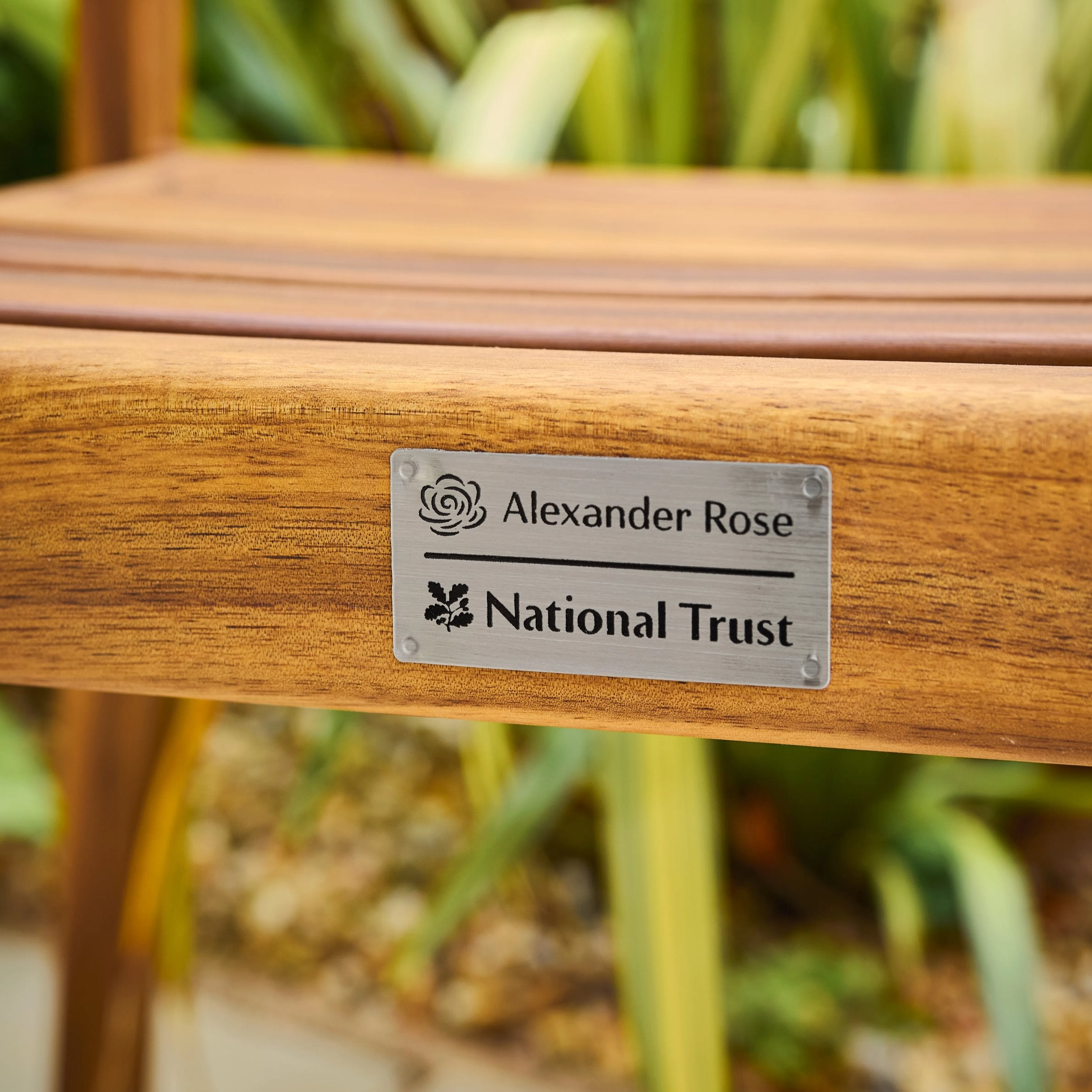 Wooden bench with a metal plaque featuring 'Alexander Rose' and 'National Trust' on a blurred natural background.