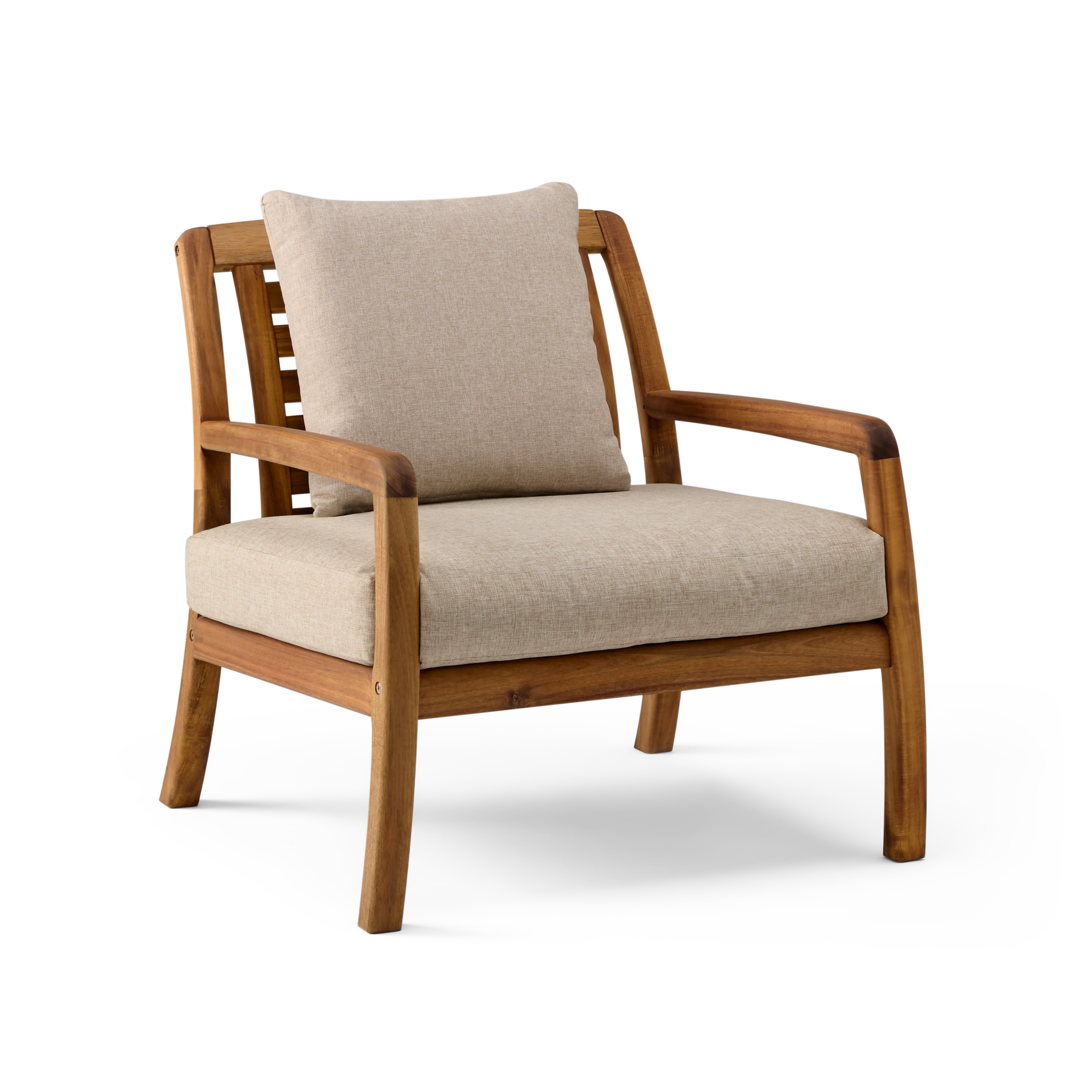 Wooden armchair with beige cushions on a white background