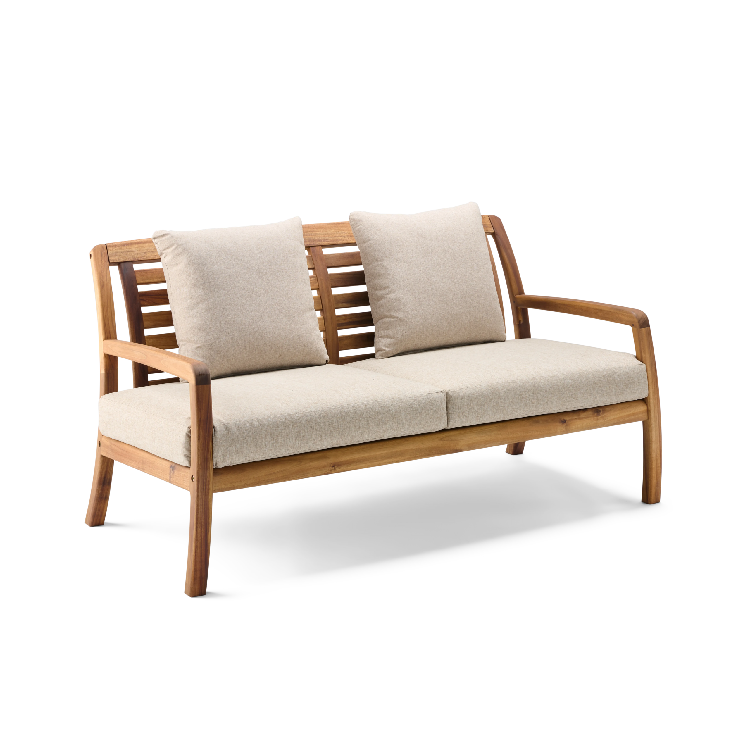 Wooden outdoor sofa with beige cushions on a white background