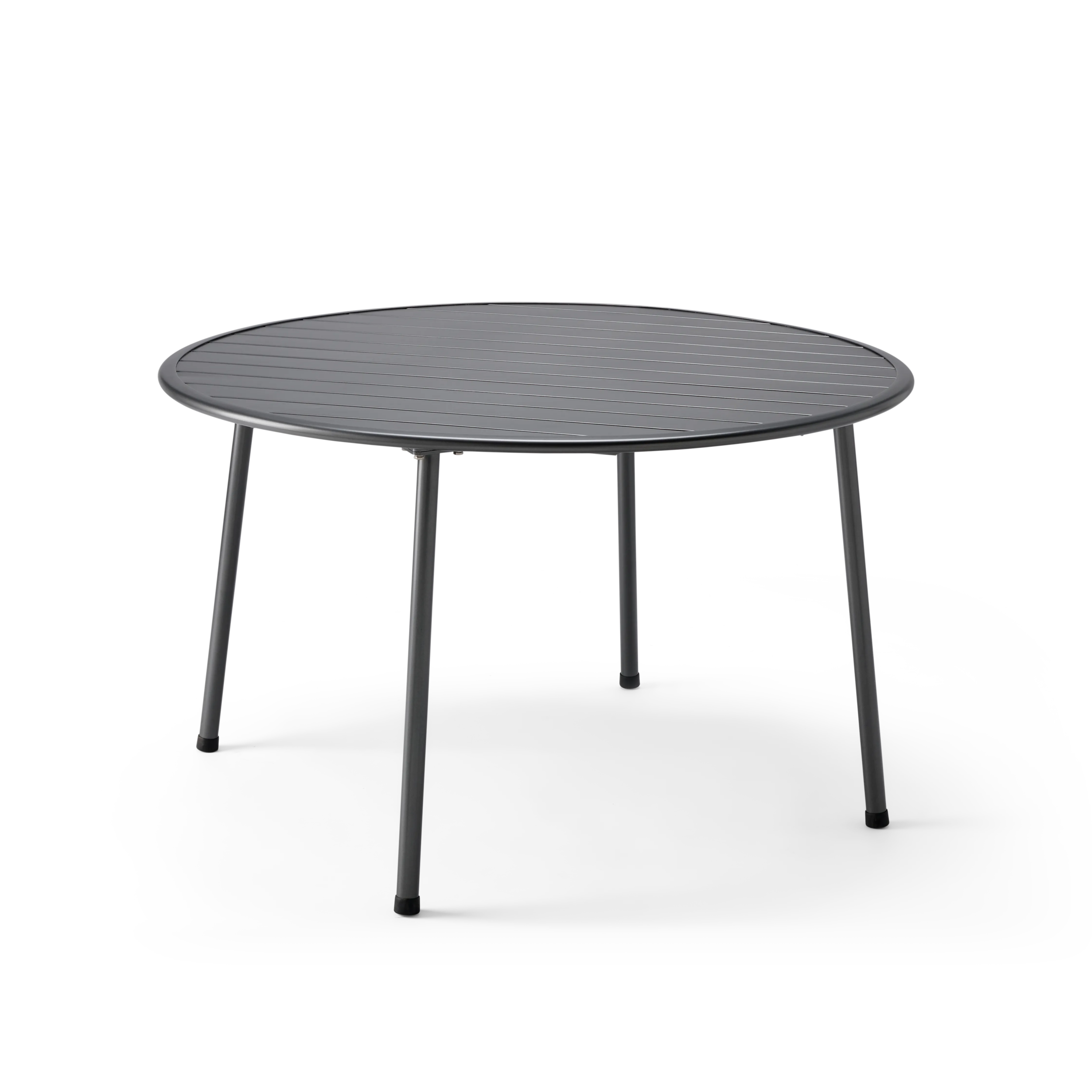 Round outdoor table with metal frame on a white background