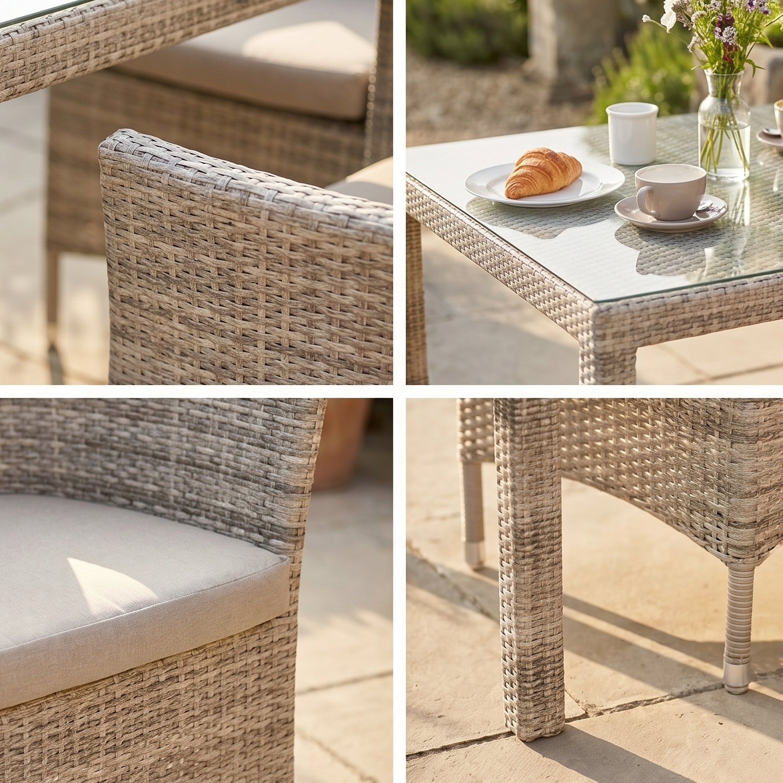 Outdoor furniture set with wicker chairs and table on a patio.