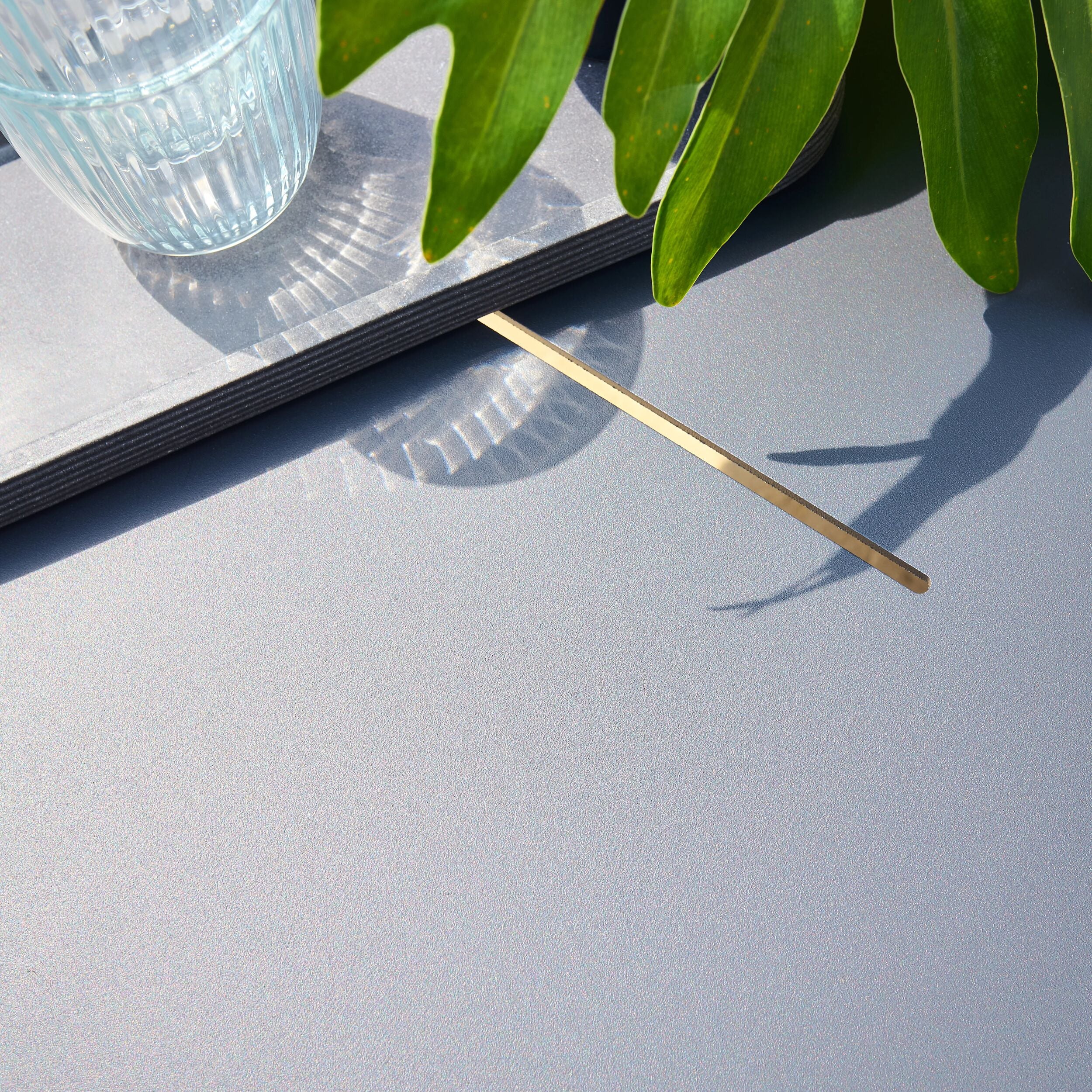 Glass of water, book, and plant leaves on a light metal table surface