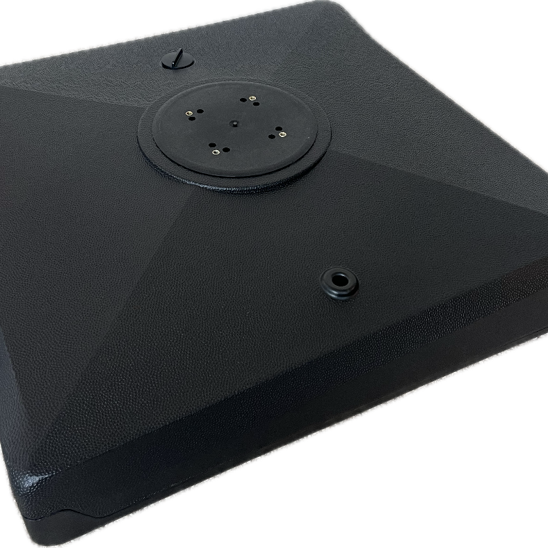 Black electronic device with a circular component on a white background