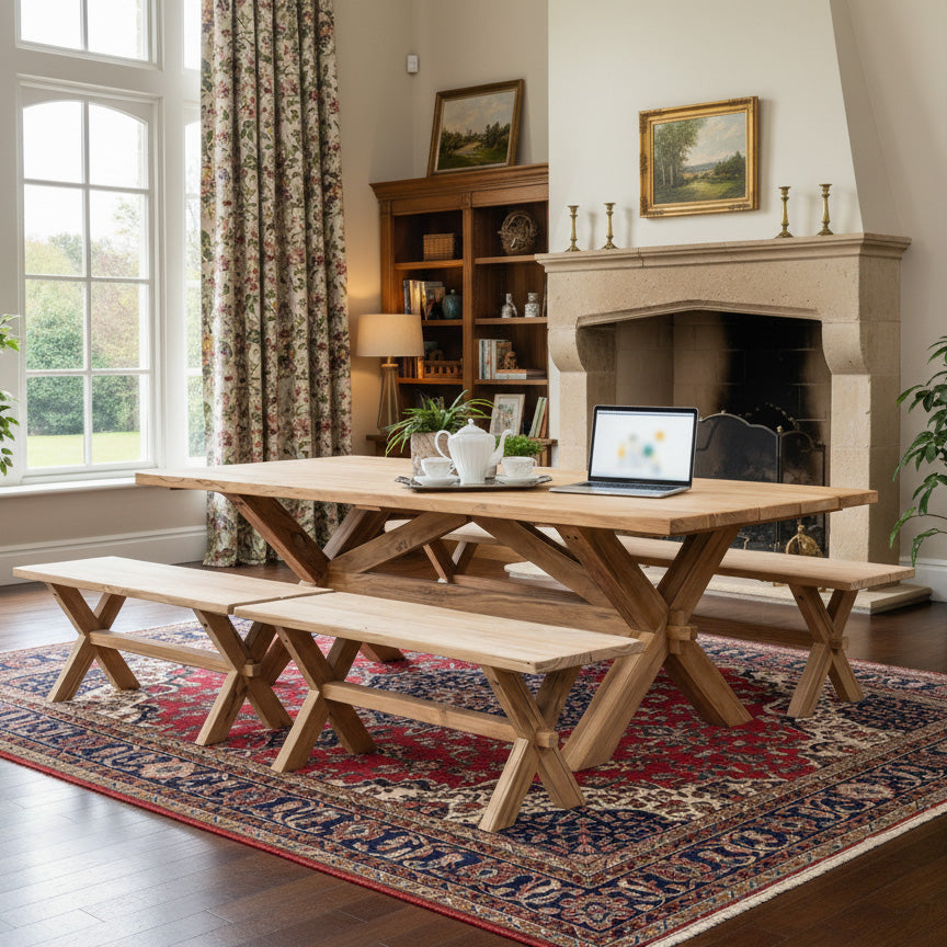 Wooden dining table with benches in a room with a fireplace and bookshelves.