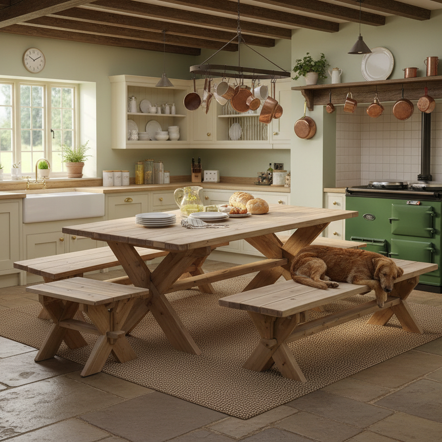 Kitchen with wooden table and chairs, green Aga oven, and various kitchen items.