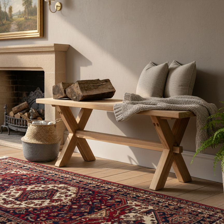 Nestled living room with wooden bench, fireplace, and decorative elements.