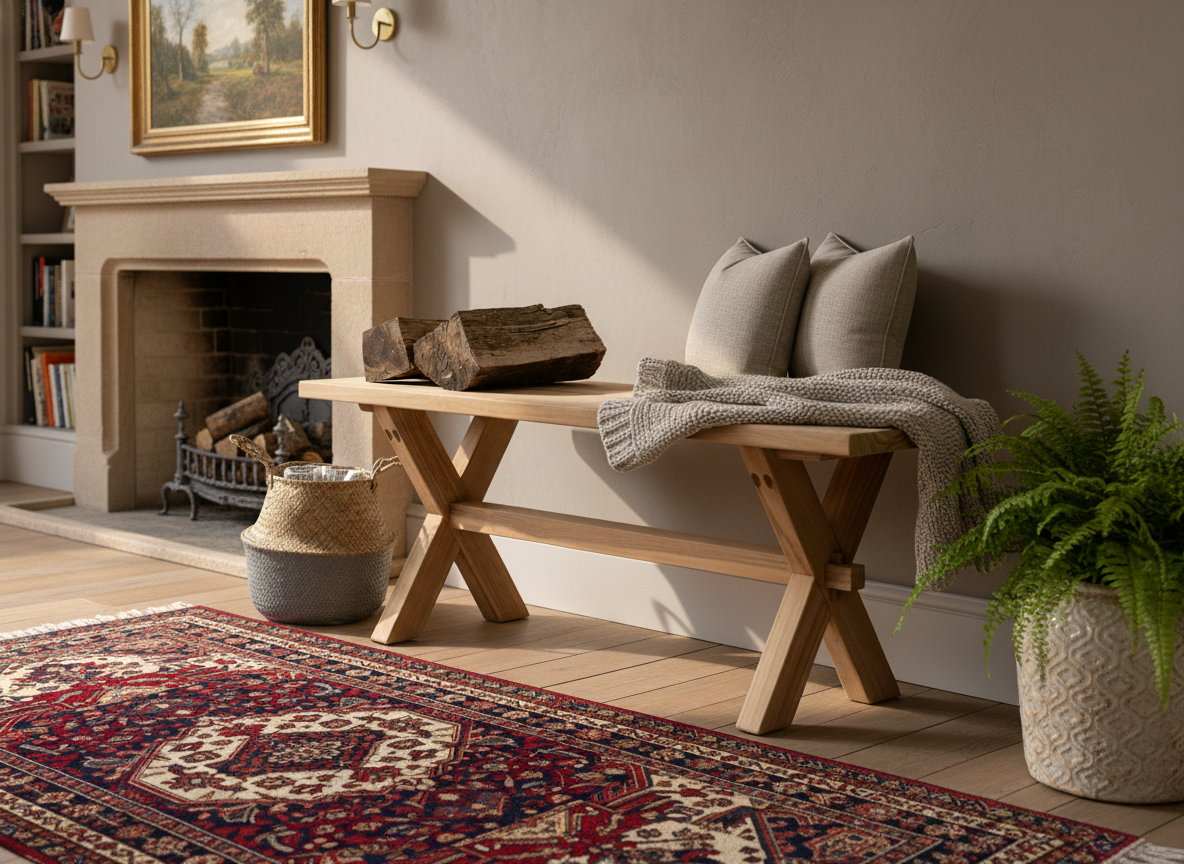 Nestled living room with wooden bench, fireplace, and decorative elements.