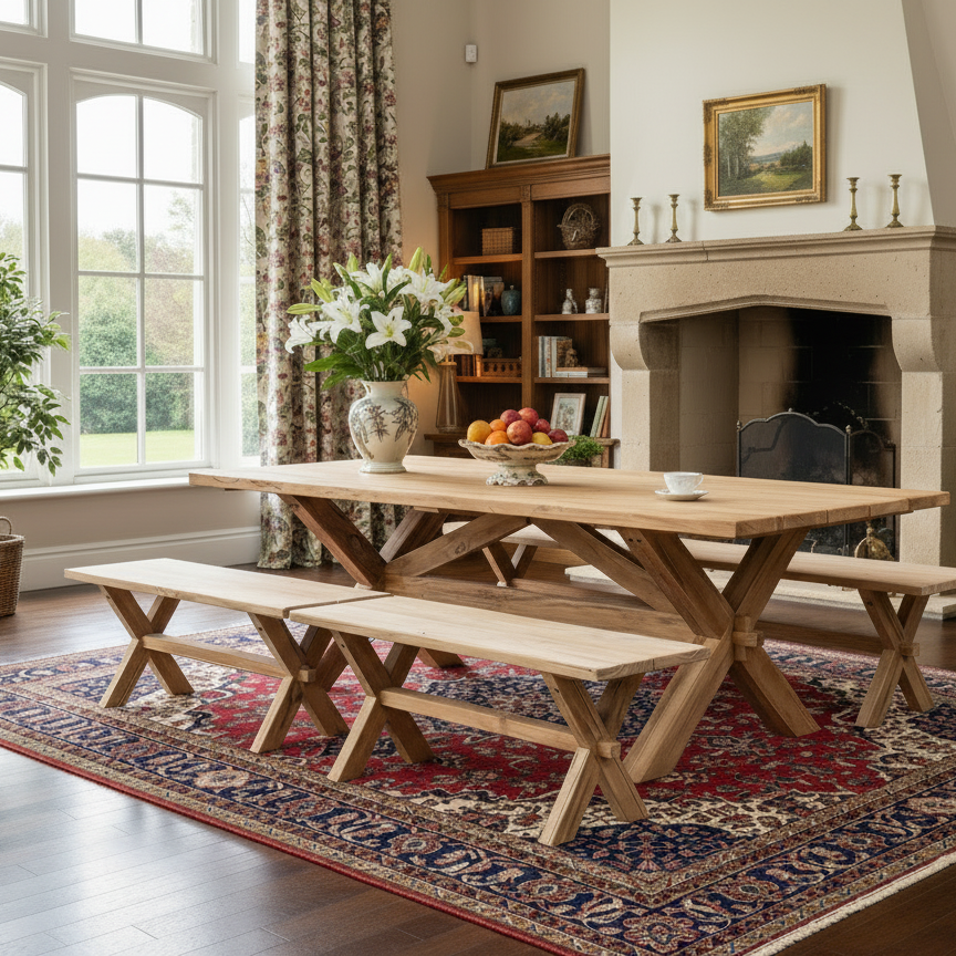 3 metre plank teak rectangular table with 4 plank benches on a rug in an elegant room with fireplace. Flowers and fruit on the table.